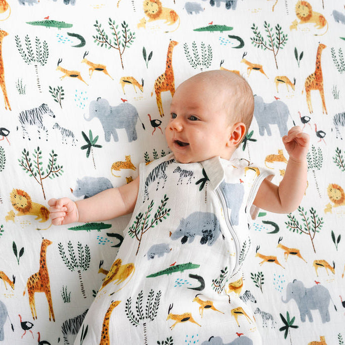 Muslin Fitted Crib Sheet Close Up - Safari Jungle