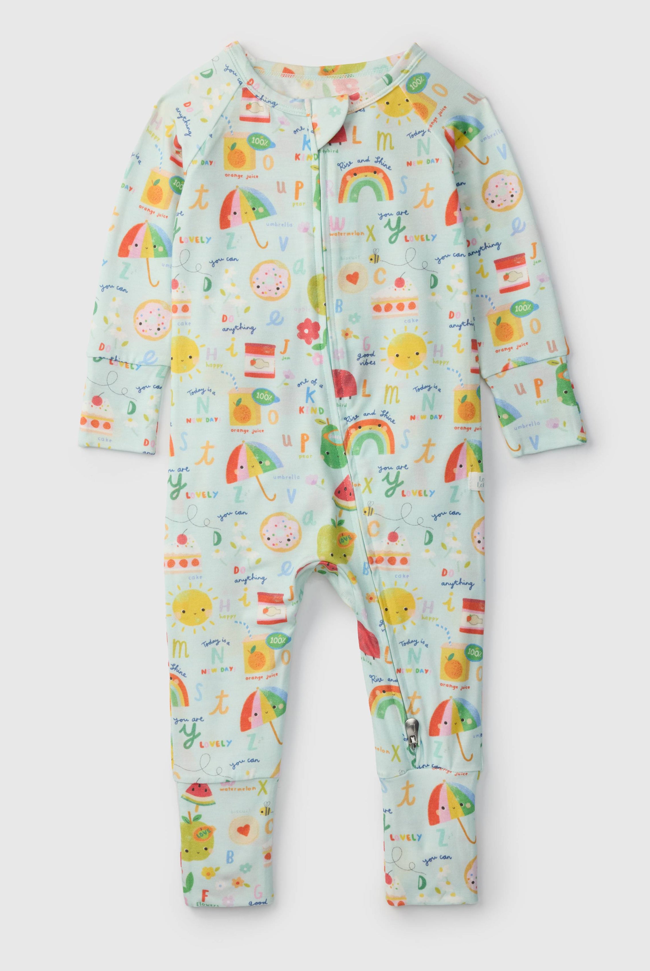 Loulou Lollipop TENCEL baby sleeper footie pajamas in Alphabet Smiles — front view on white background