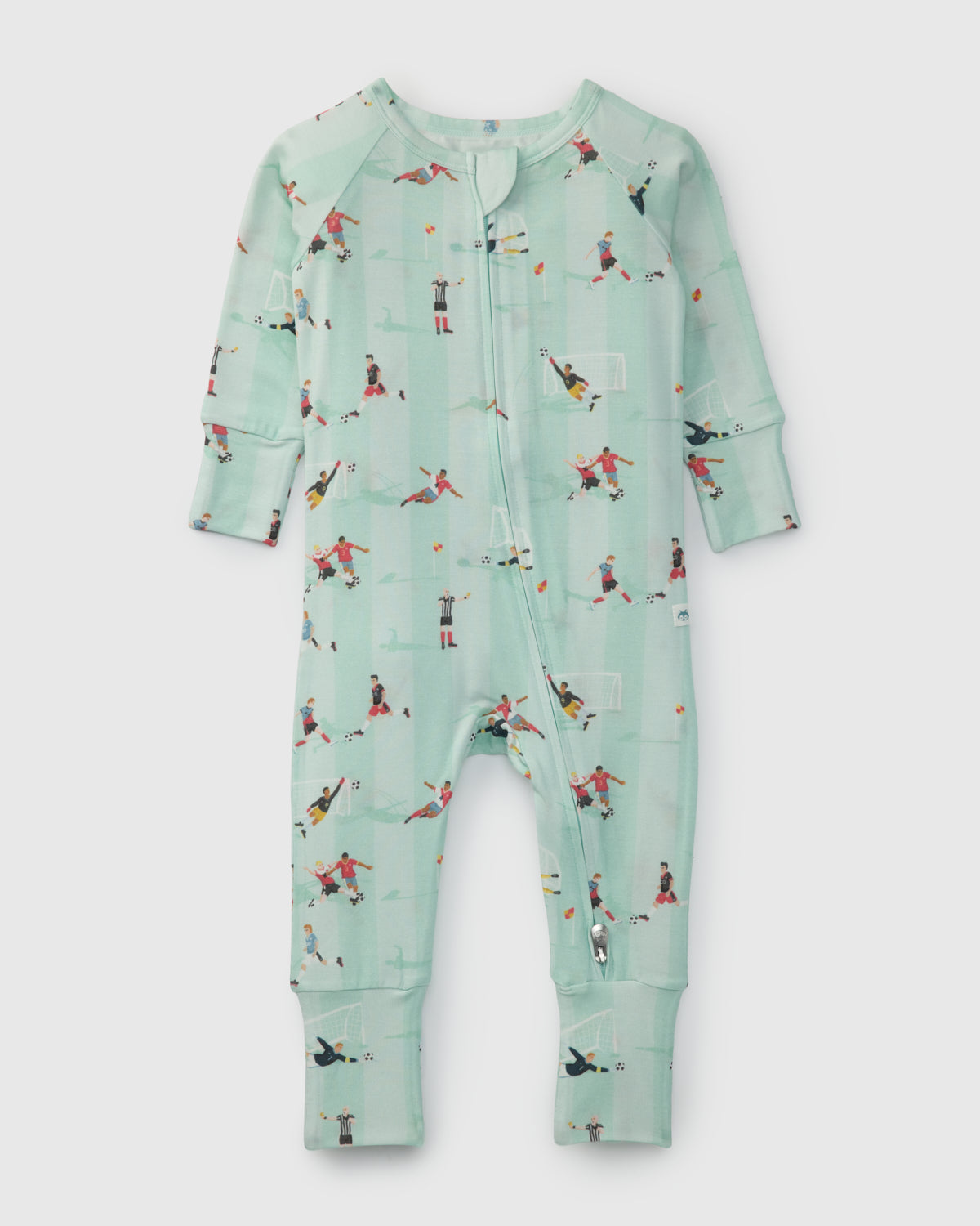 Loulou Lollipop TENCEL baby sleeper footie pajamas in The Beautiful Game — front view on white background