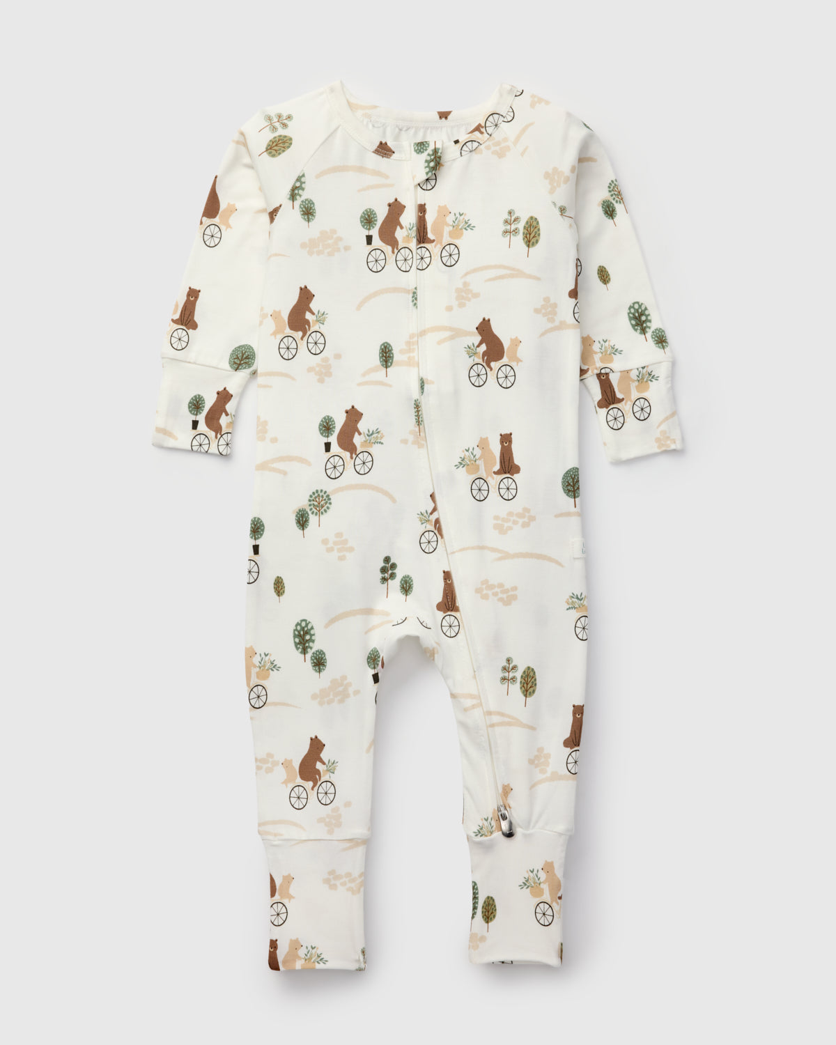 Loulou Lollipop TENCEL baby sleeper footie pajamas in Bears on Bikes — front view on white background