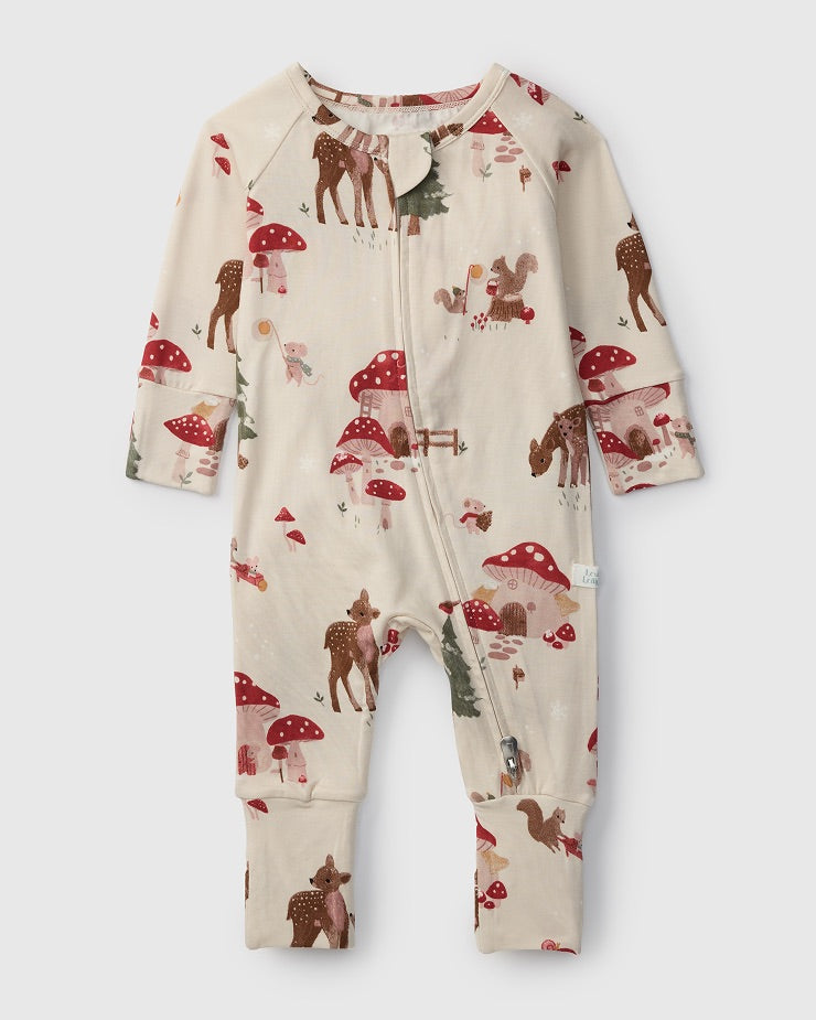 Loulou Lollipop TENCEL baby sleeper footie pajamas in Forest Families — front view on white background