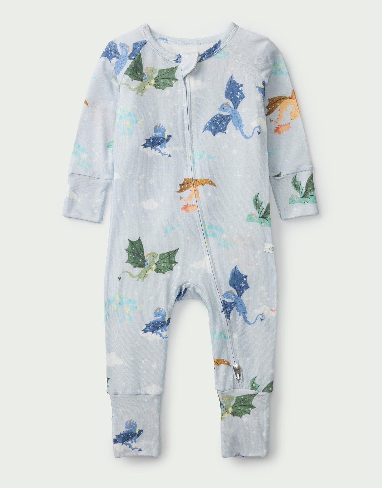 Loulou Lollipop TENCEL baby sleeper footie pajamas in Magical Dragons — front view on white background