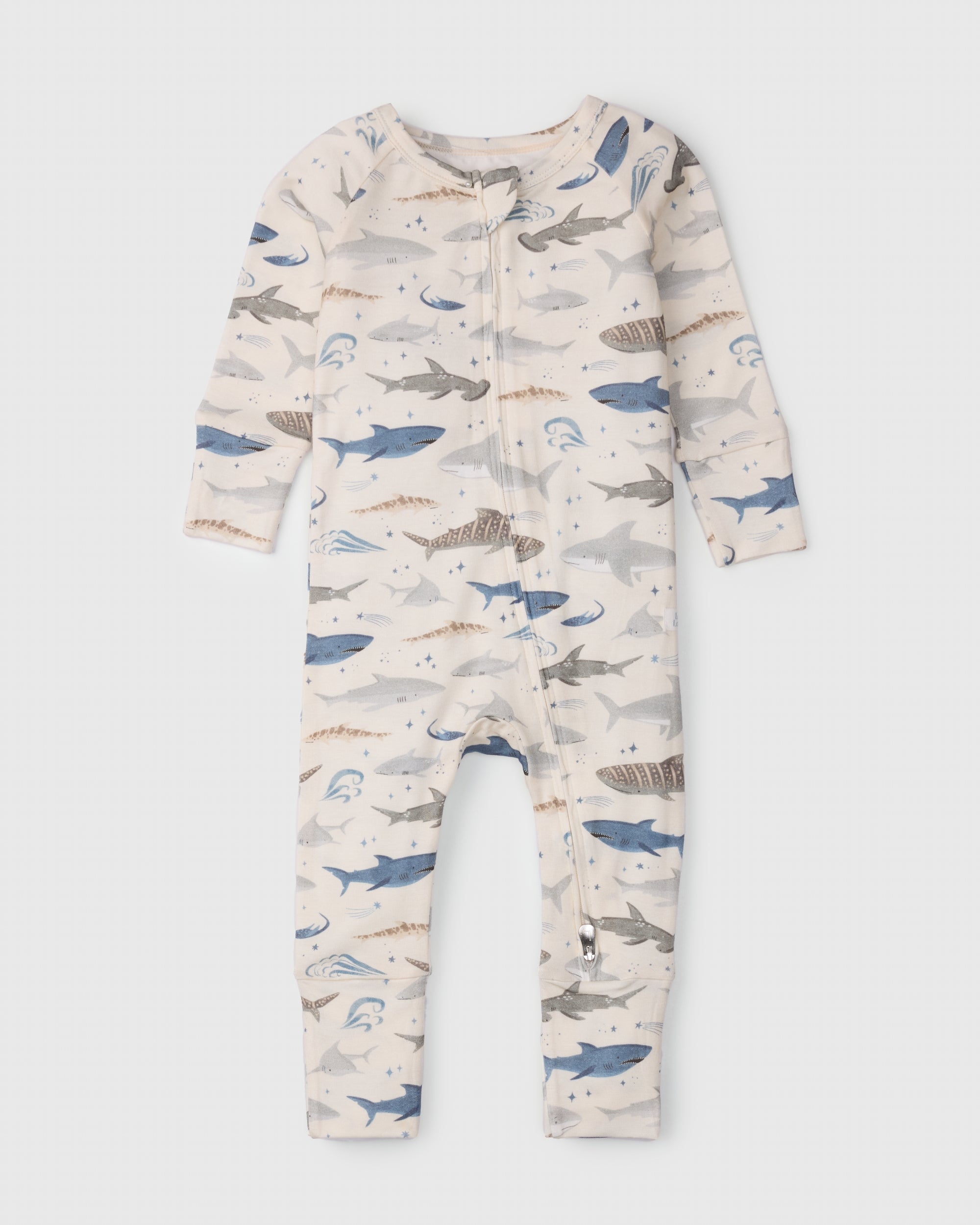 Loulou Lollipop TENCEL baby sleeper footie pajamas in Smiley Sharks — front view on white background
