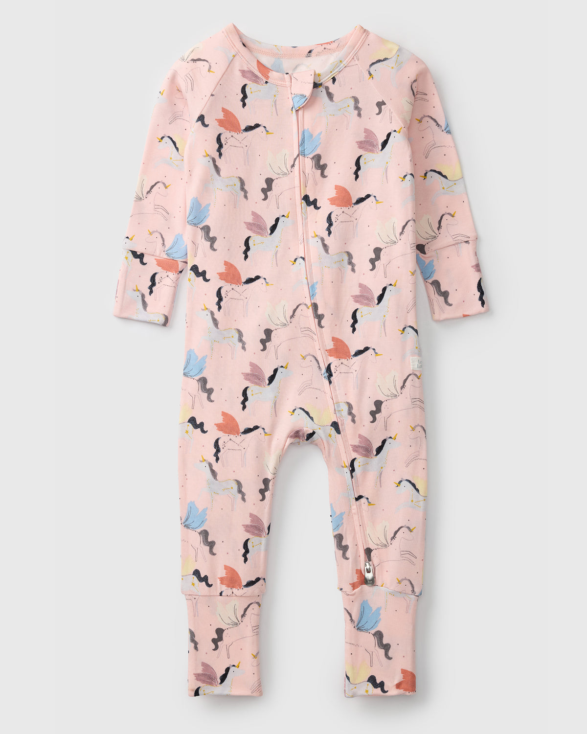 Loulou Lollipop TENCEL baby sleeper footie pajamas in Unicorn Ballet — front view on white background