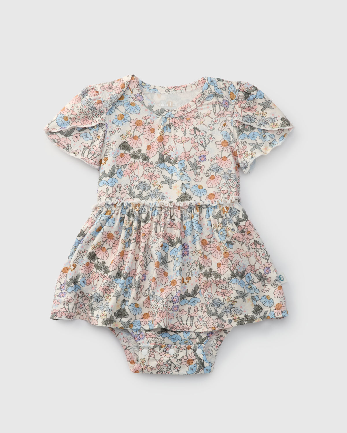 Floral baby romper on a light gray background