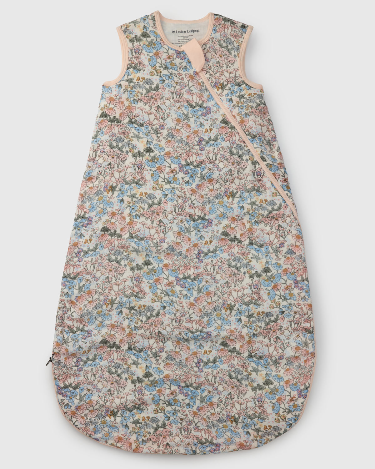 Floral patterned baby sleeping bag on a white background