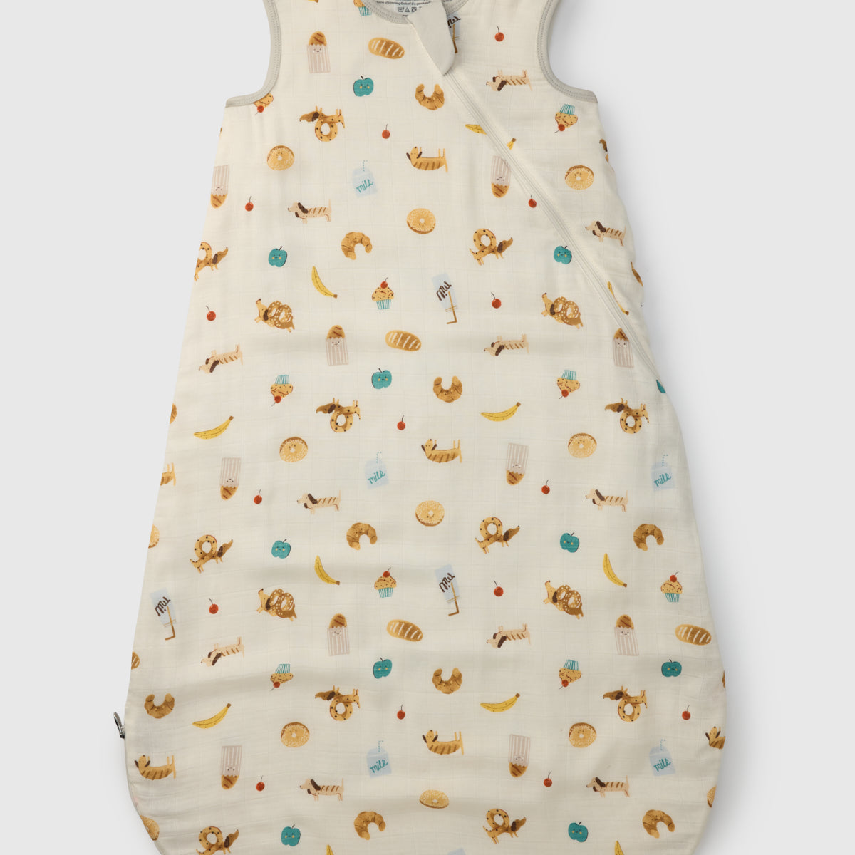 Baby sleeping bag with food pattern on a white background