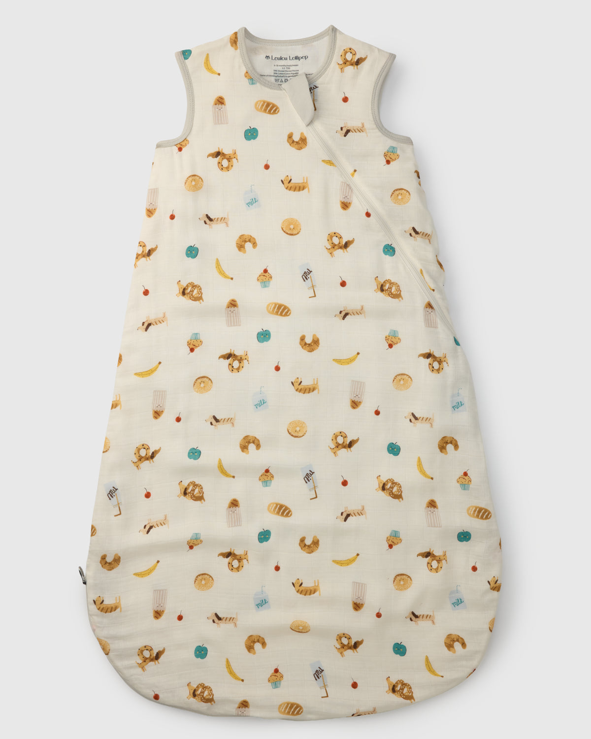 Baby sleeping bag with food pattern on a white background