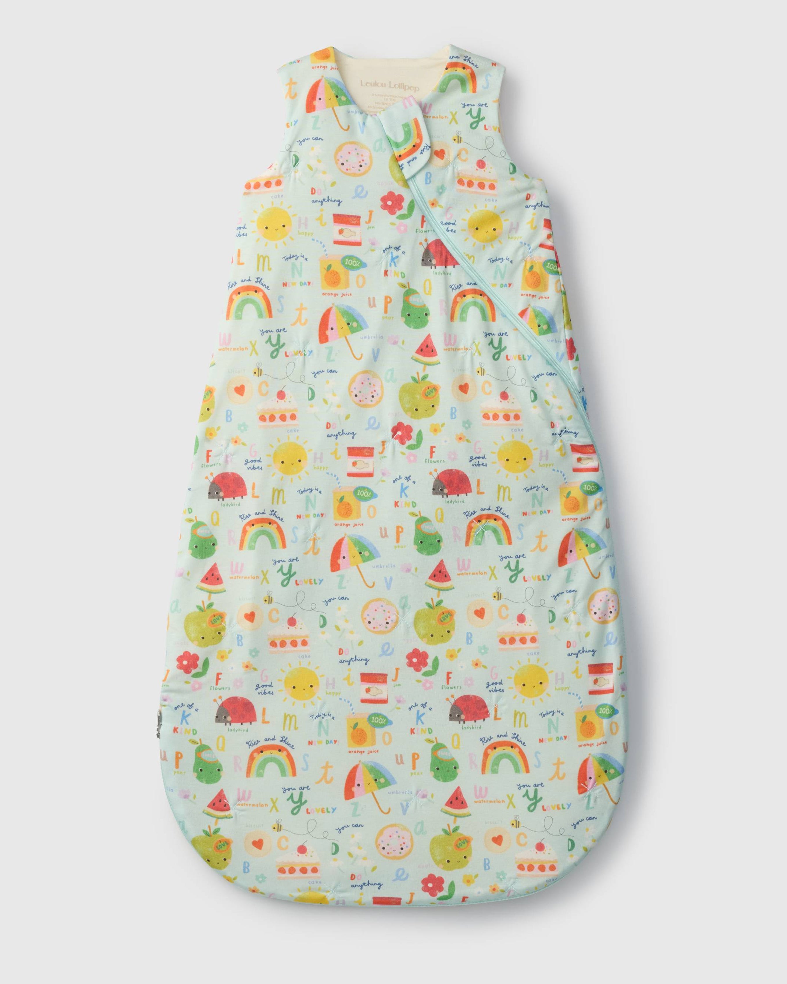 Loulou Lollipop TENCEL 1.0 TOG baby sleep bag in Alphabet Smiles — front view on white background