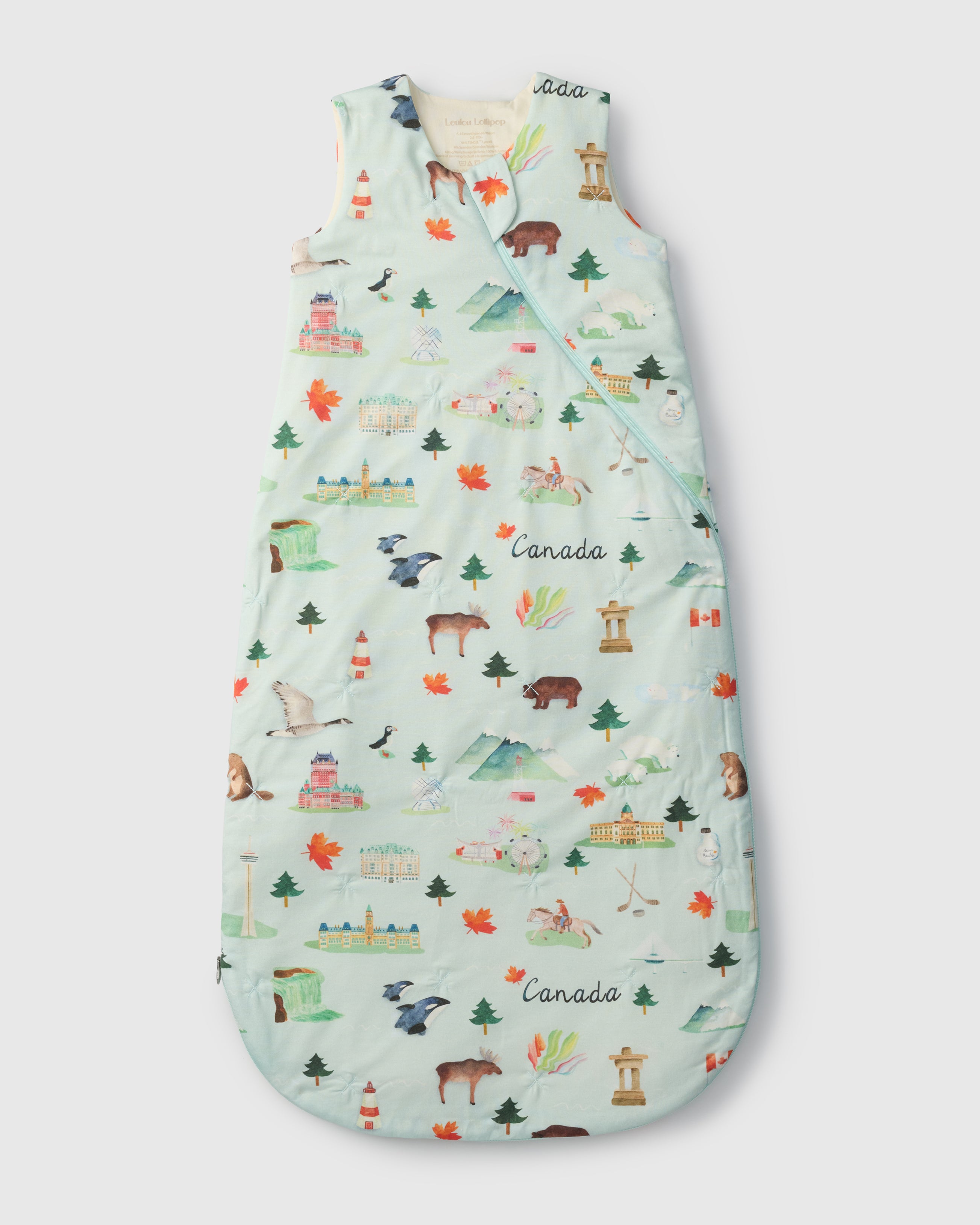 Baby sleeping bag with Canadian-themed design on a light gray background