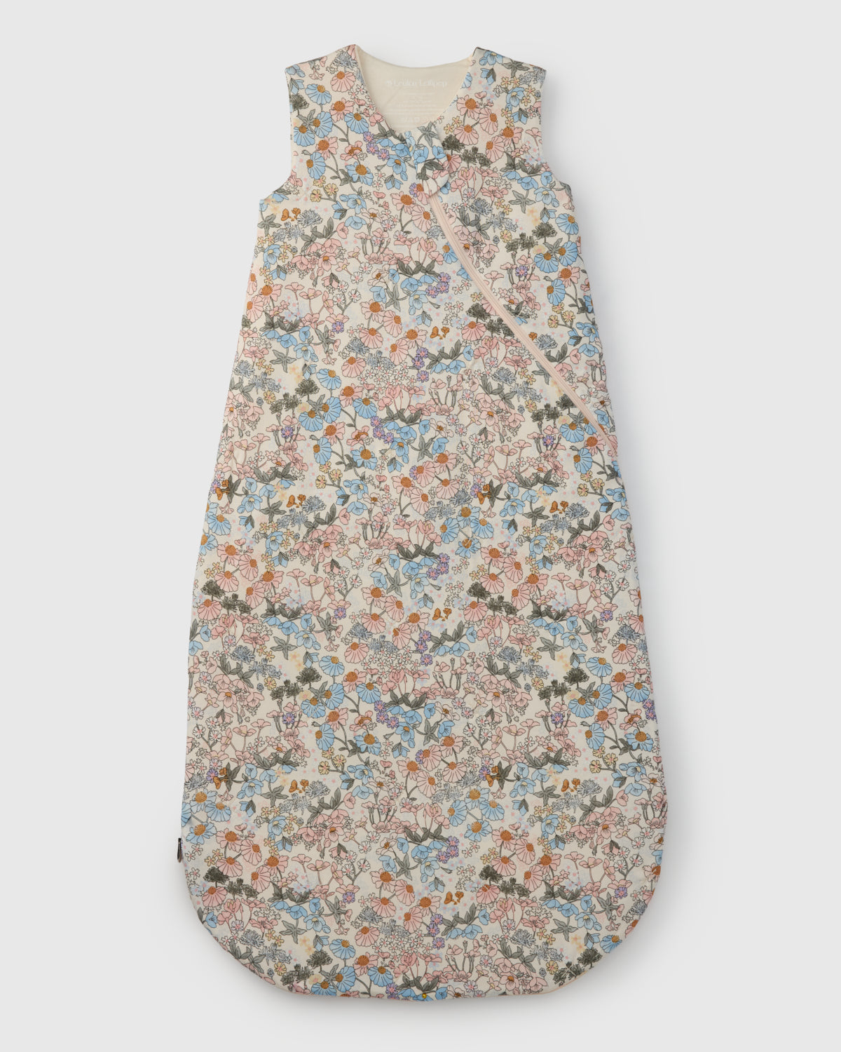 Floral patterned baby sleeping bag on a white background