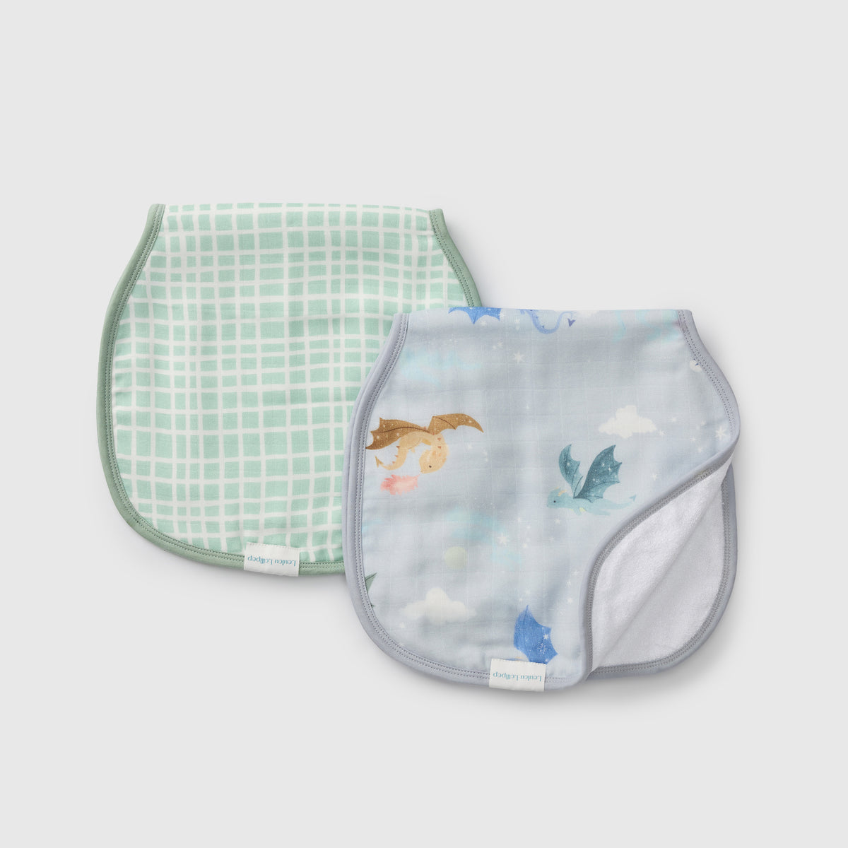 Loulou Lollipop Burp Cloth Set in Magical Dragons — front view on white background