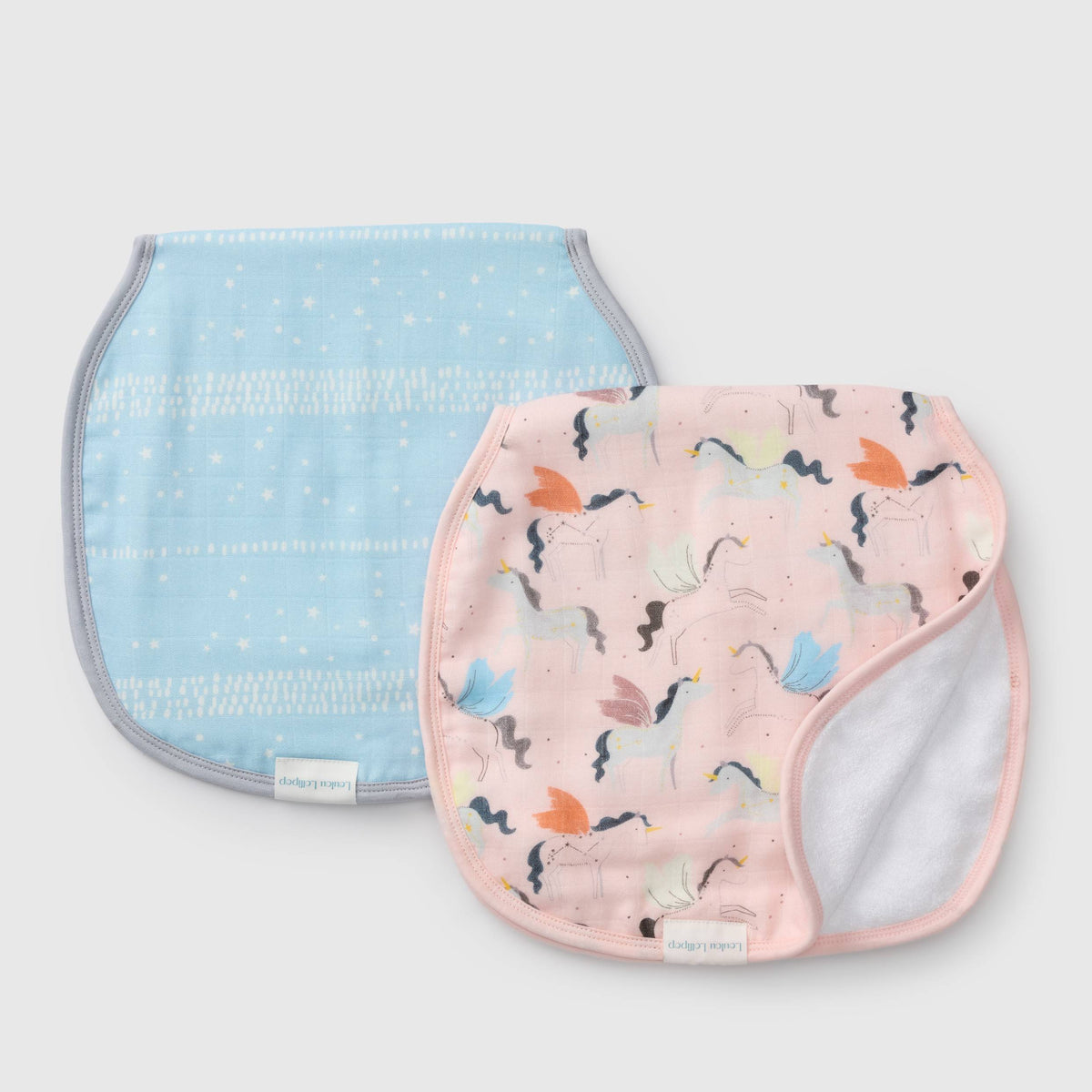 Loulou Lollipop Burp Cloth Set in Unicorn Ballet — front view on white background
