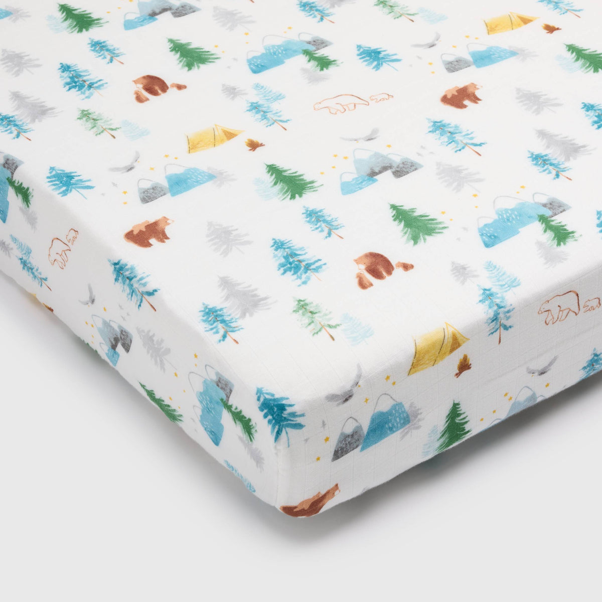 Loulou Lollipop muslin fitted crib sheet in Adventure Begins for US standard crib — front view on white background