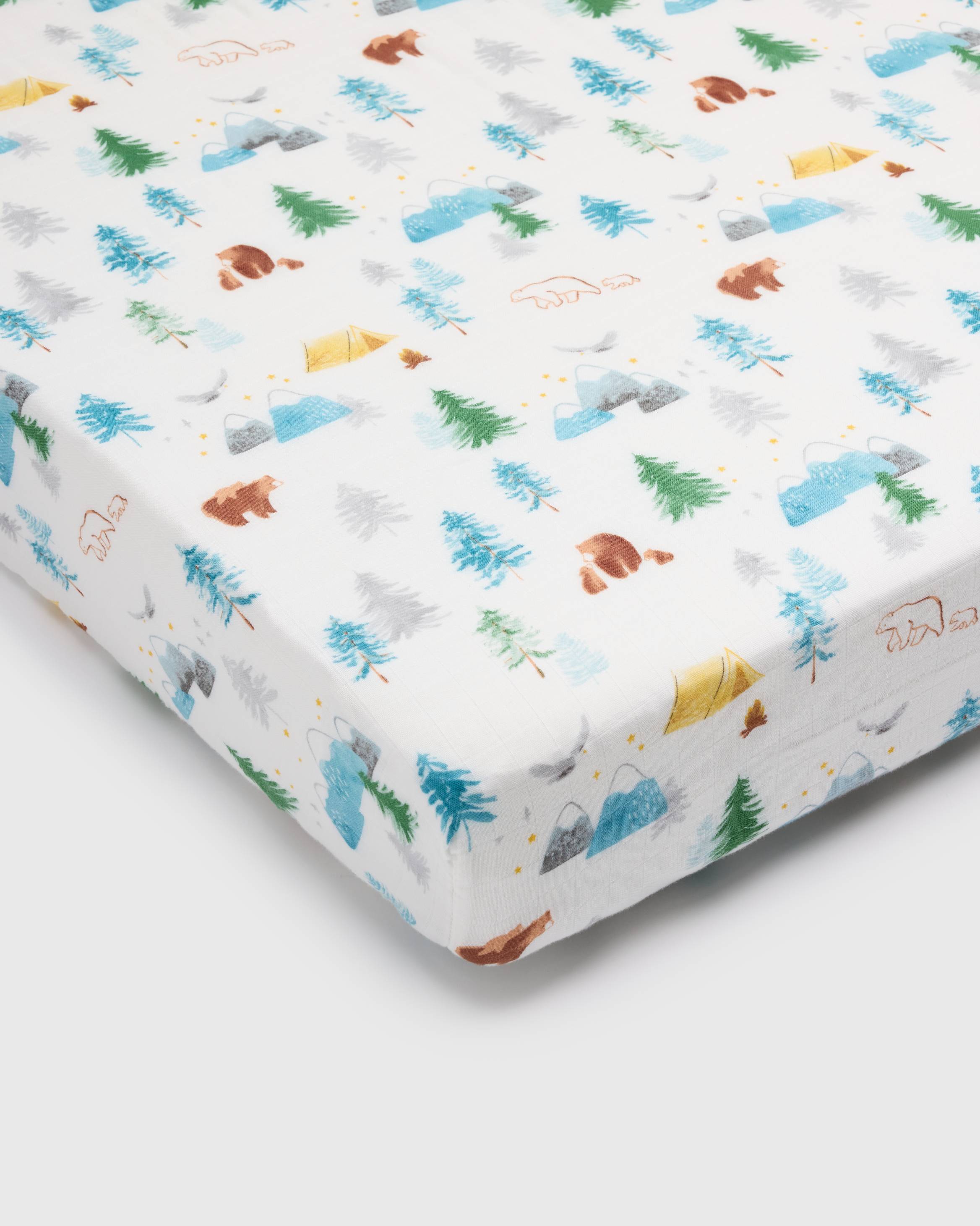 Loulou Lollipop muslin fitted crib sheet in Adventure Begins for US standard crib — front view on white background