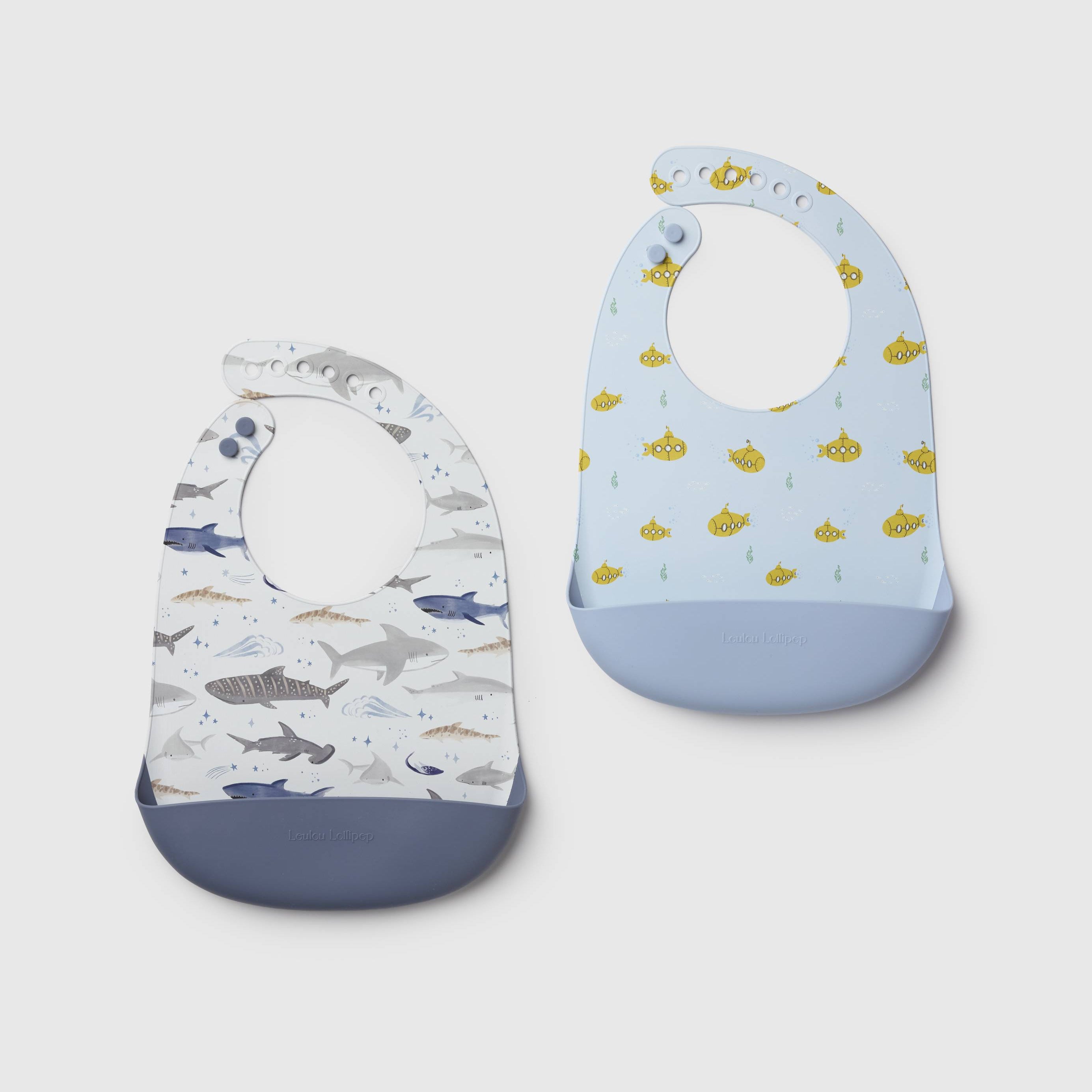 Loulou Lollipop FDA-compliant food-grade silicone baby bib set in Smiley Sharks and Ocean Wonder - front view on white background