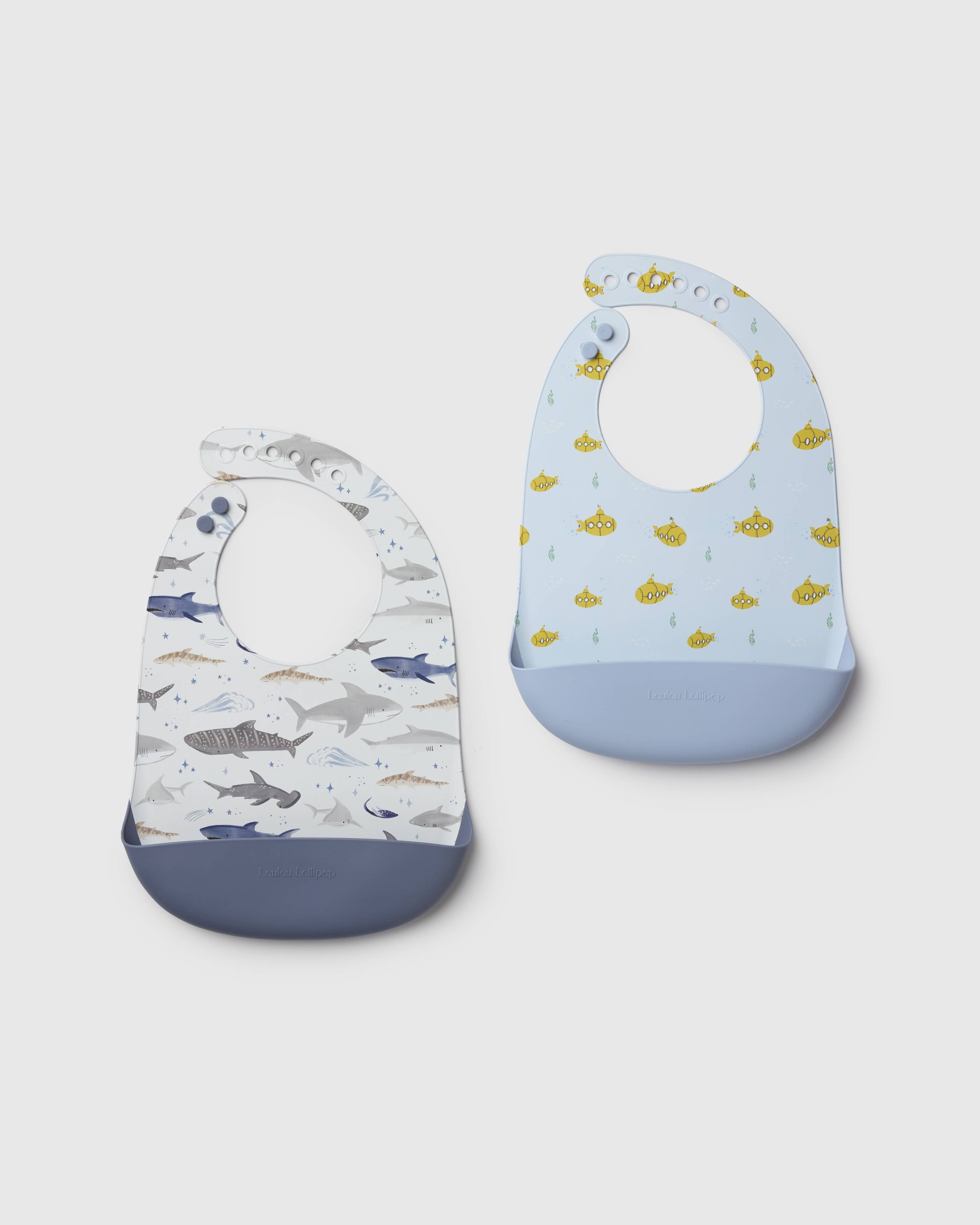 Loulou Lollipop FDA-compliant food-grade silicone baby bib set in Smiley Sharks and Ocean Wonder - front view on white background