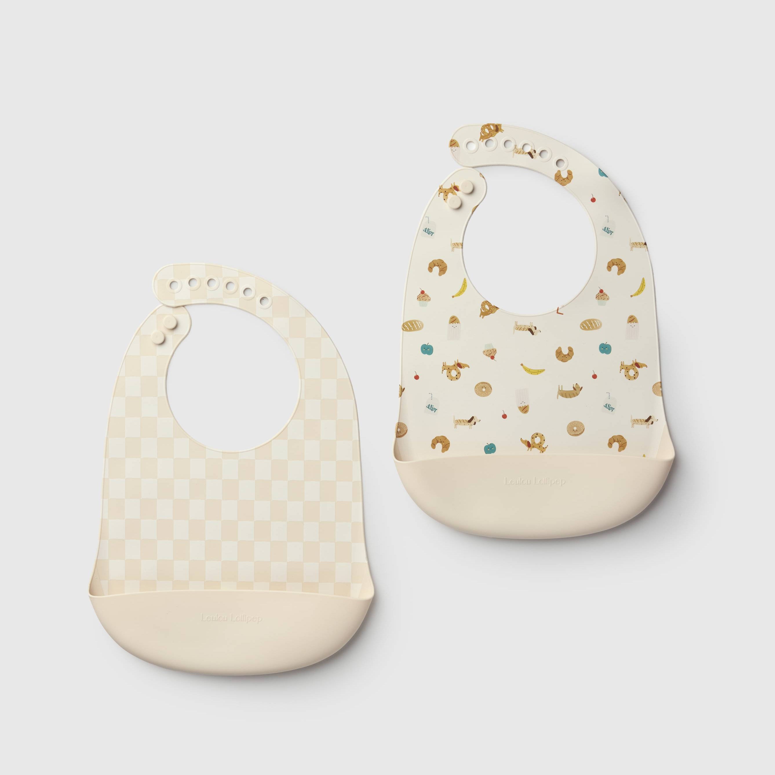 Loulou Lollipop FDA-compliant food-grade silicone baby bib set in French Breakfast and Neutral Checkerboard - front view on white background