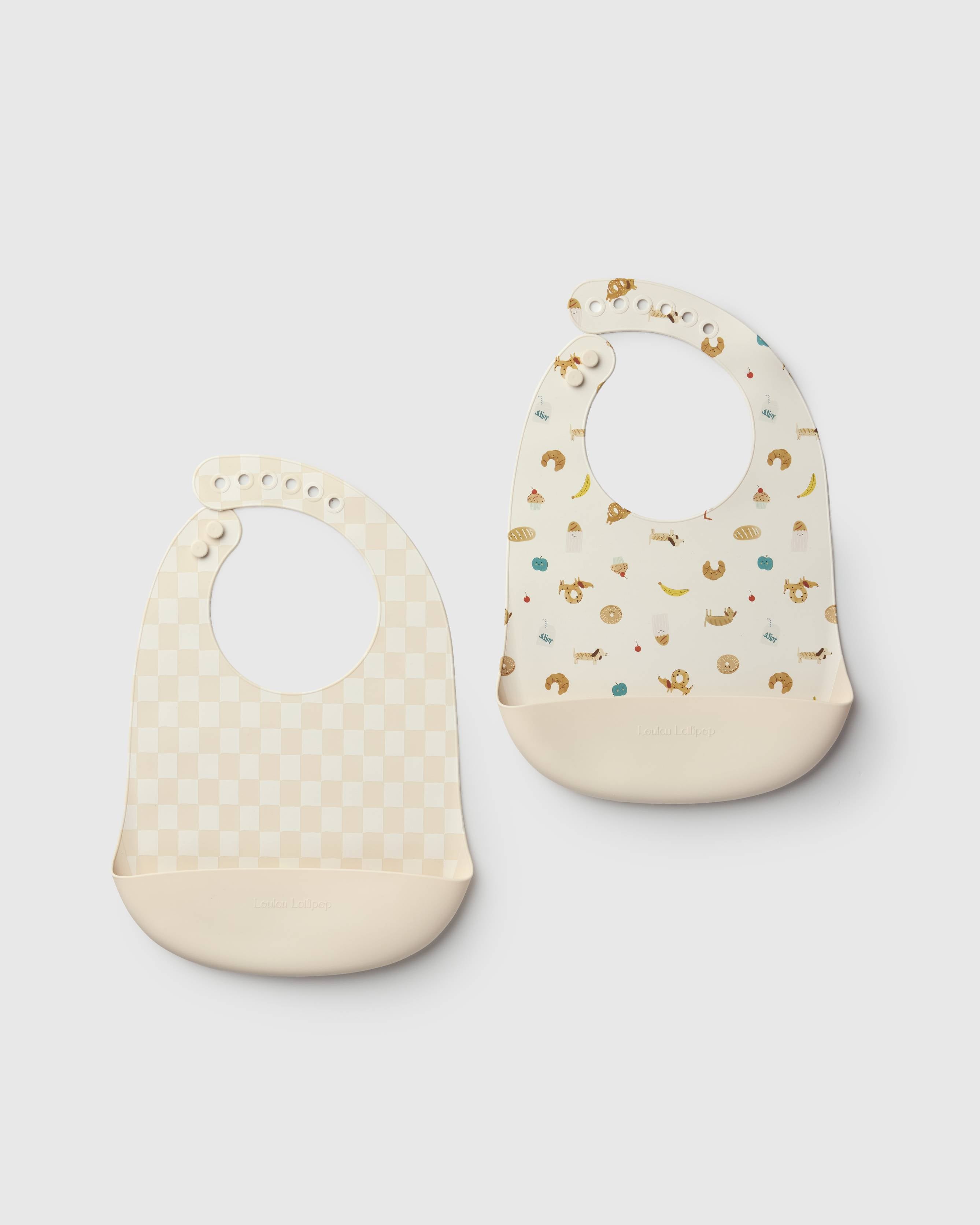 Loulou Lollipop FDA-compliant food-grade silicone baby bib set in French Breakfast and Neutral Checkerboard - front view on white background
