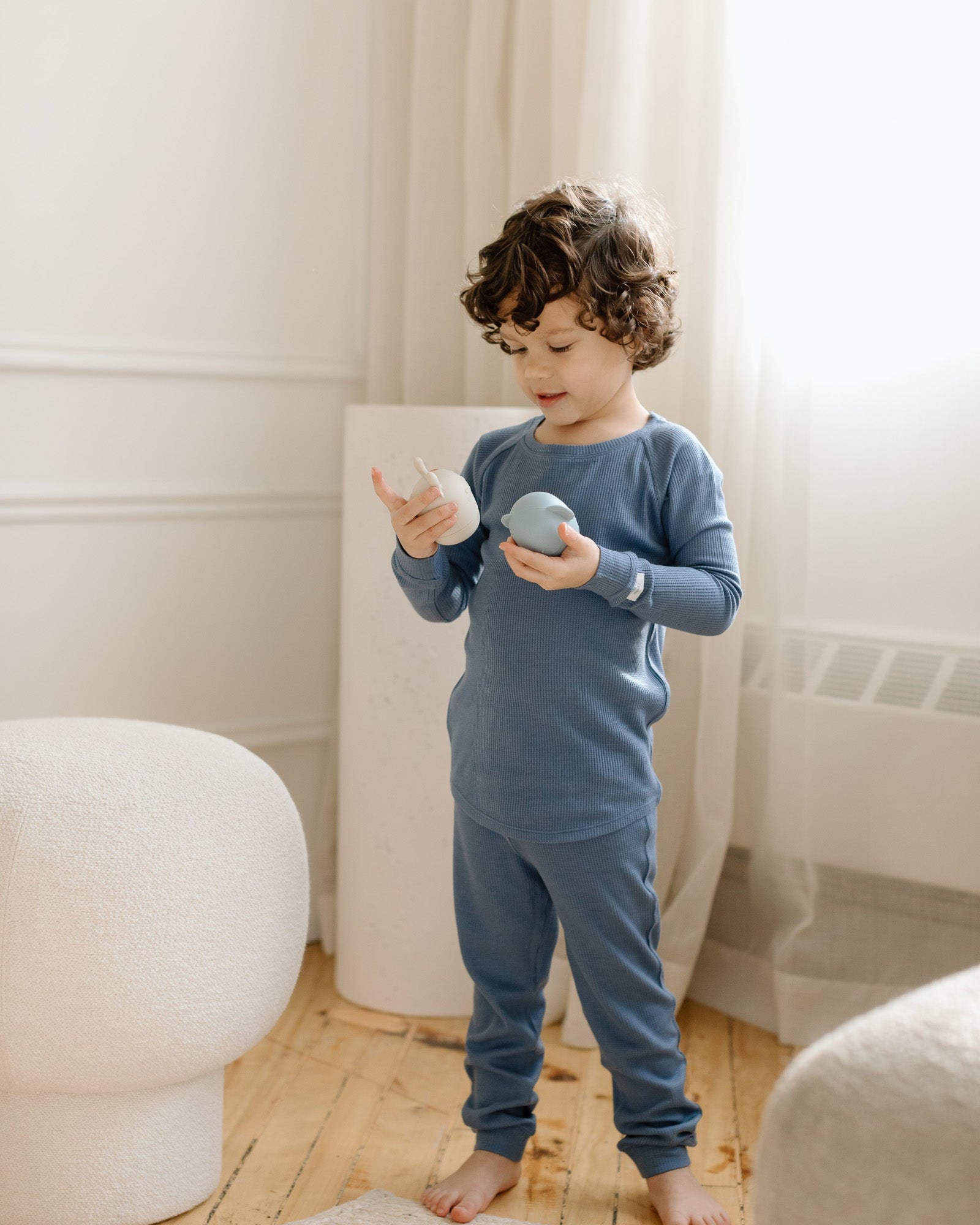 Ensemble pyjama gaufré à manches longues-Denim-Blue-1