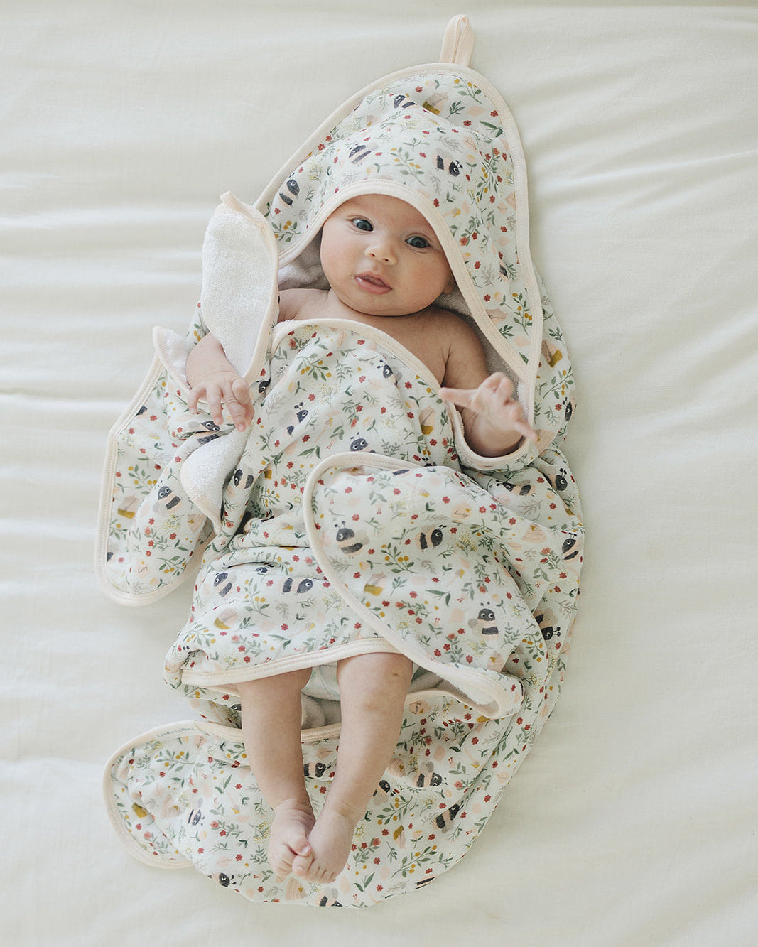 Loulou Lollipop hooded baby towel set in Bumble Bees — front view on white background