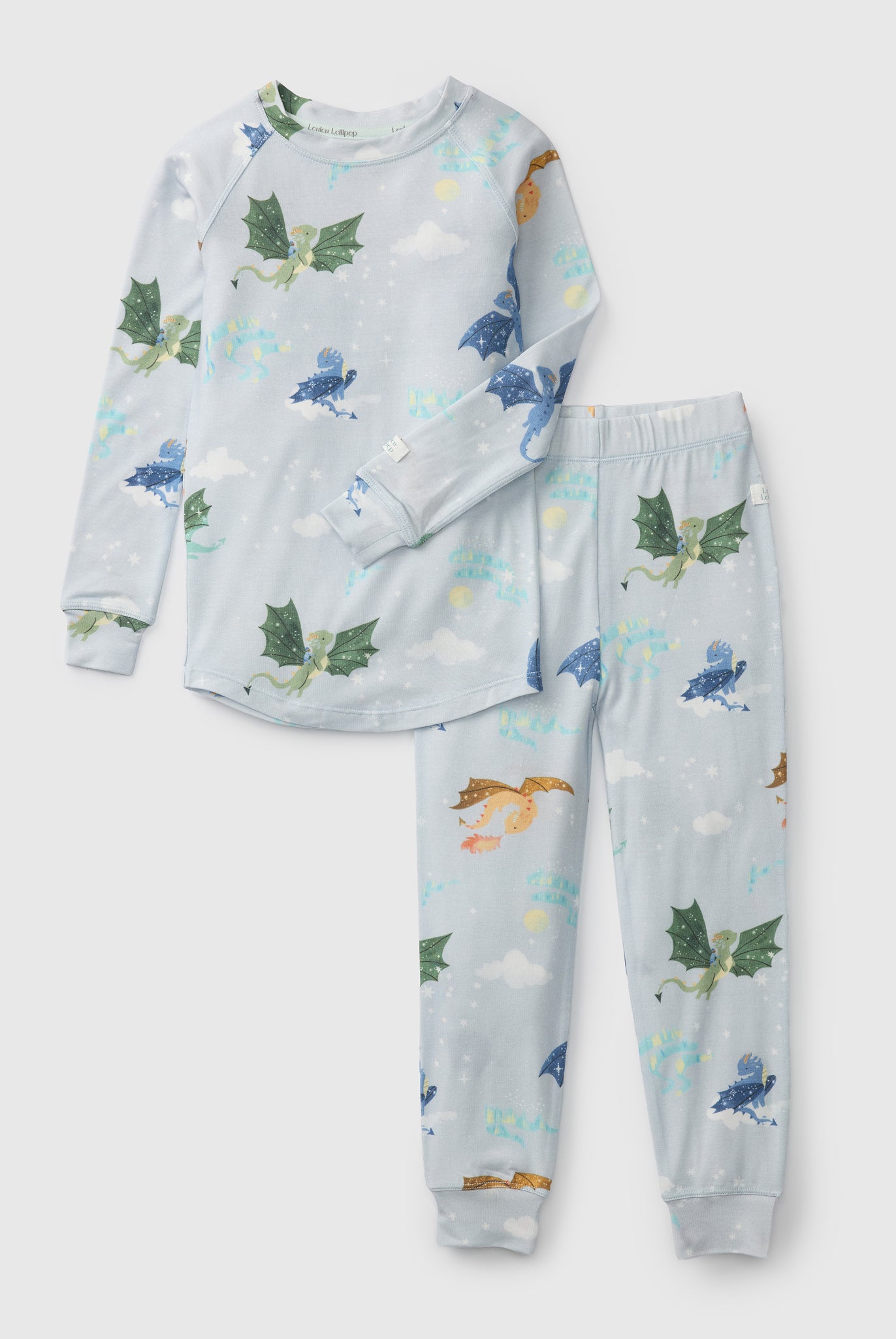 Loulou Lollipop Long Sleeve Pajama Set in Magical Dragons — front view on white background