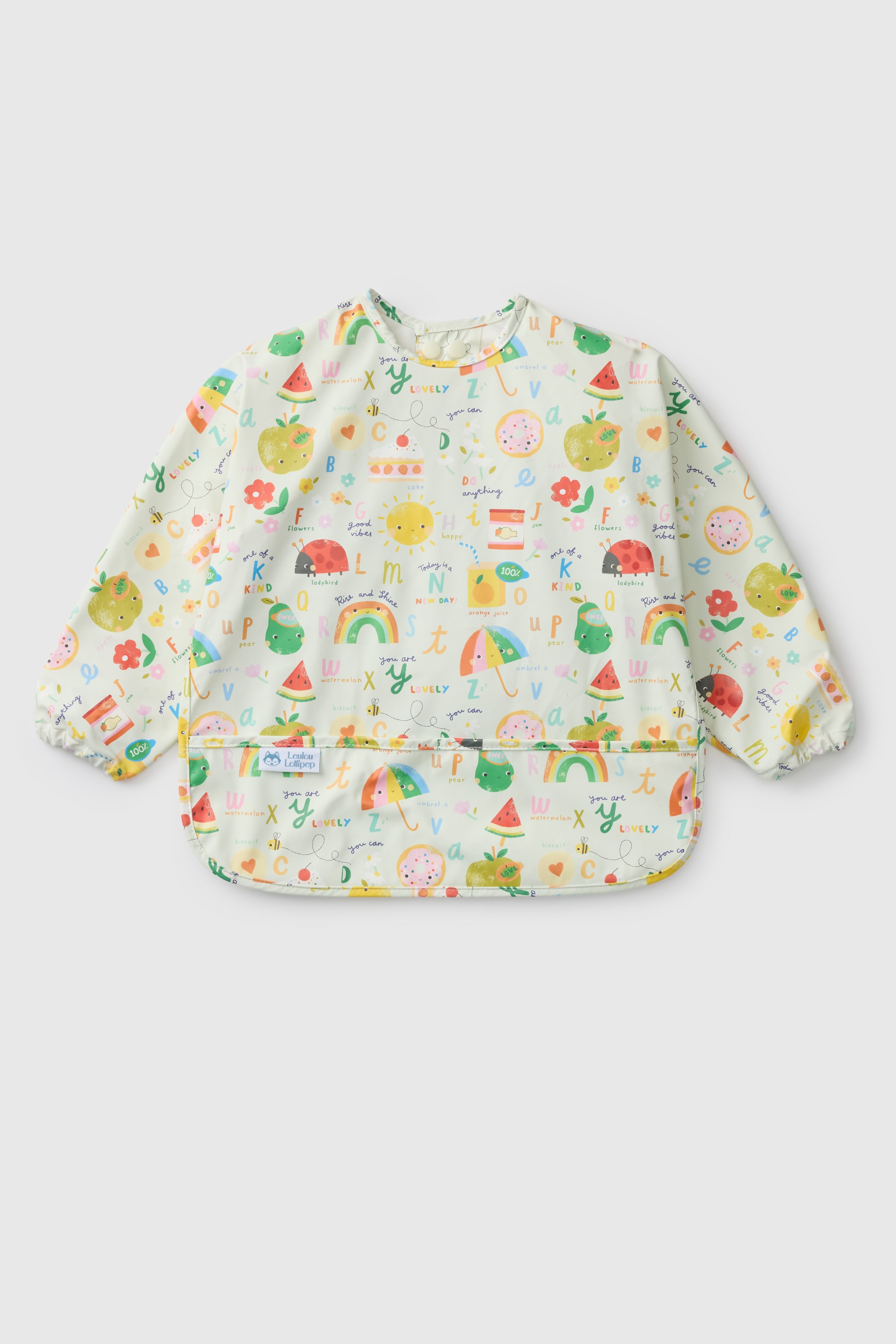 Loulou Lollipop Long Sleeve Bib in Alphabet Smiles — front view on white background