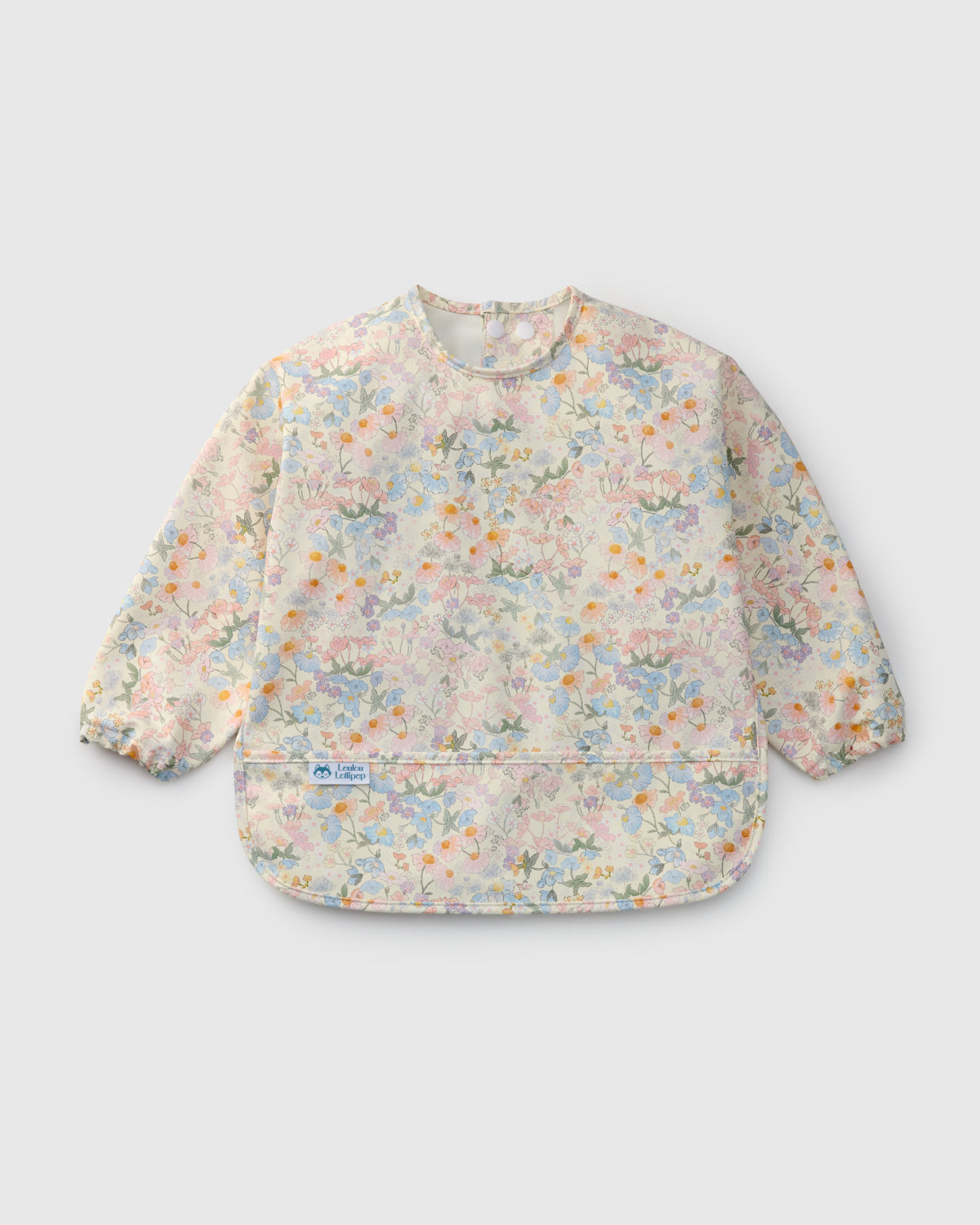 Floral-patterned baby bib on a light gray background