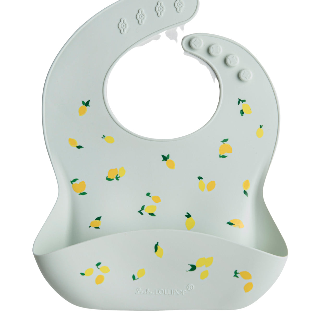 Bavoir en silicone de qualité alimentaire conforme à la FDA Loulou Lollipop, motif Citron : vue de face sur fond blanc