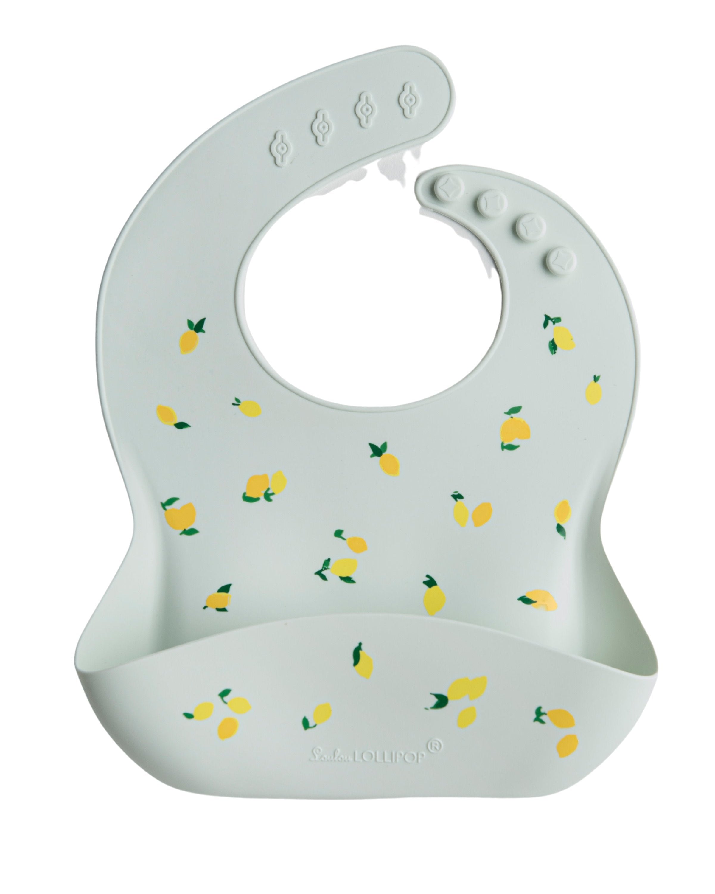 Loulou Lollipop FDA-compliant food-grade silicone baby bib in Lemon — front view on white background