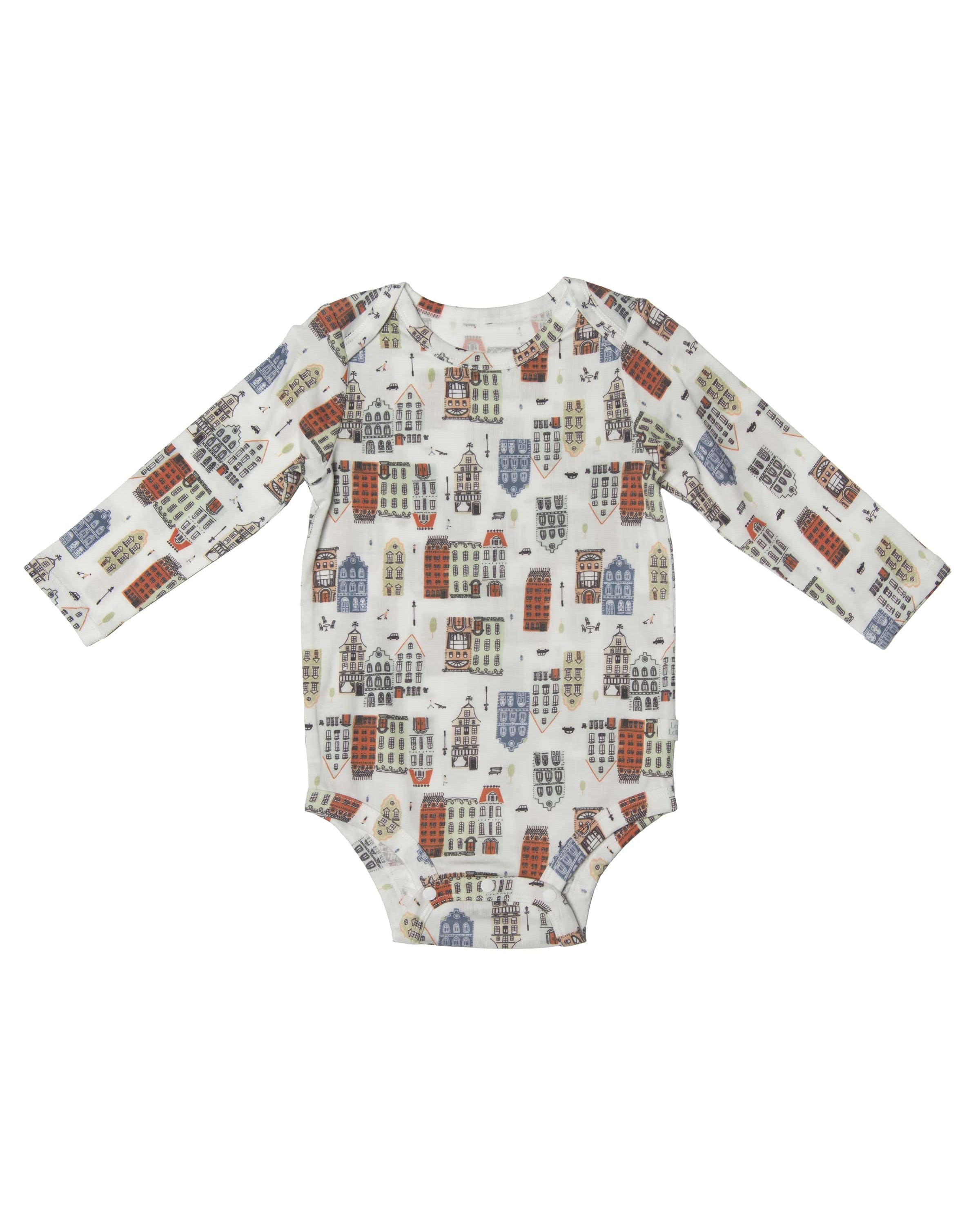 Loulou Lollipop Long Sleeve Ruffle Bodysuit in Home Sweet Home — front view on white background
