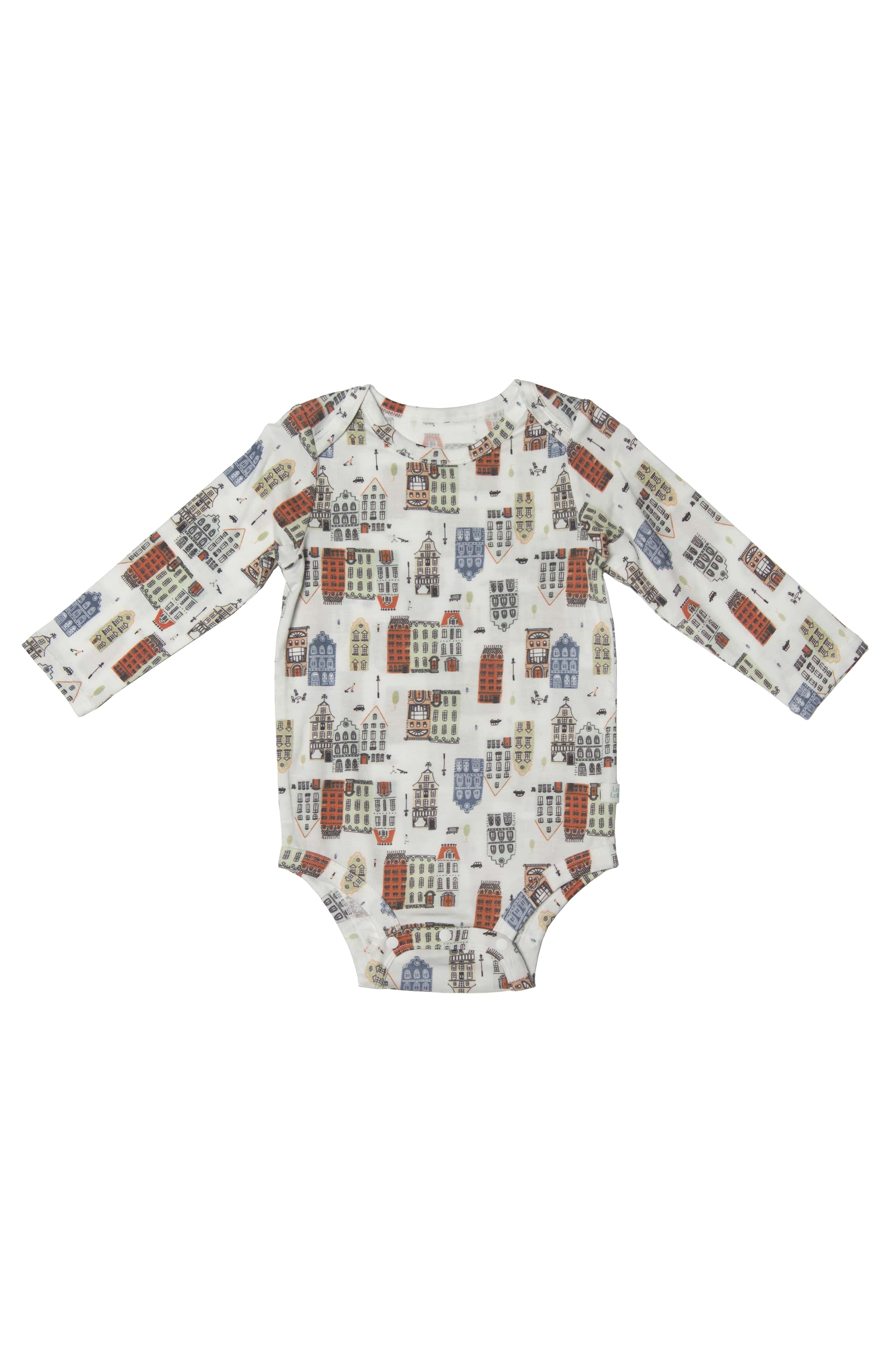 Loulou Lollipop Long Sleeve Ruffle Bodysuit in Home Sweet Home — front view on white background