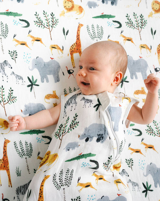 Muslin Fitted Crib Sheet Close Up - Safari Jungle