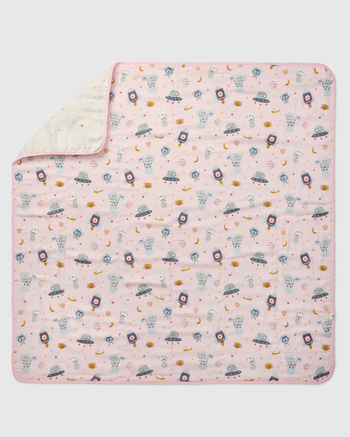 Loulou Lollipop muslin baby quilt blanket in Astro Explorers — front view on white background