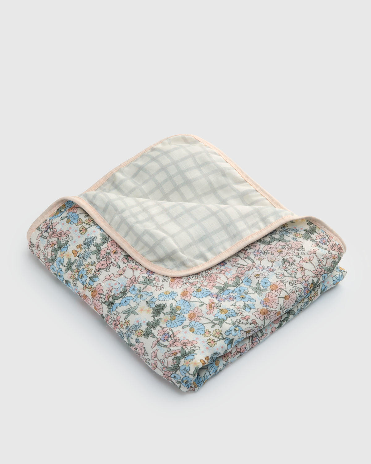 Floral quilt with a checkered border on a light gray background