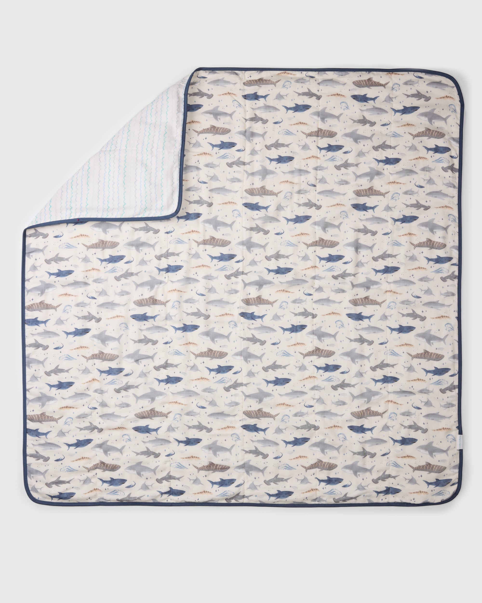 Loulou Lollipop muslin baby quilt blanket in Smiley Sharks — front view on white background