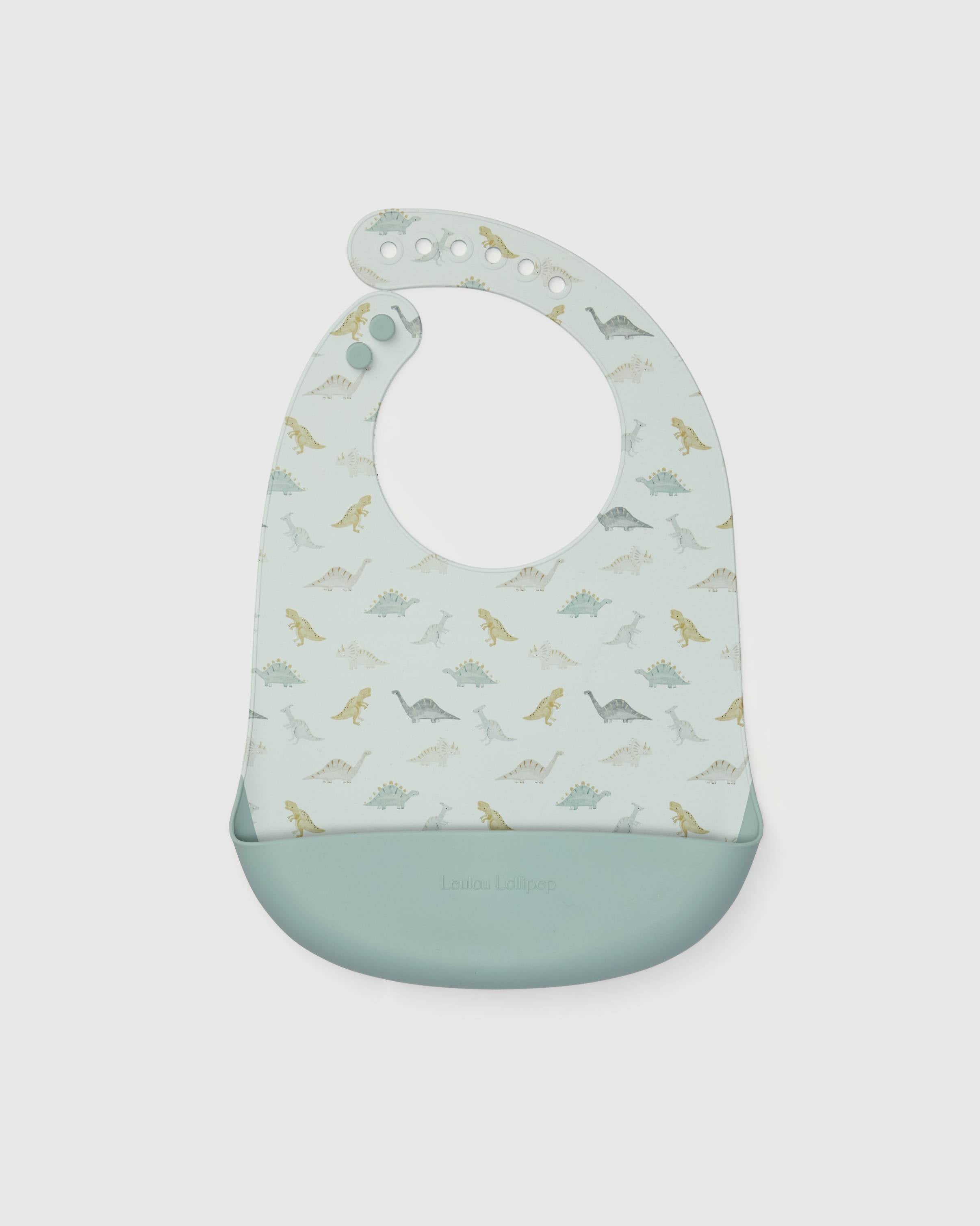 Loulou Lollipop FDA-compliant food-grade silicone baby bib in Dino Friends — front view on white background