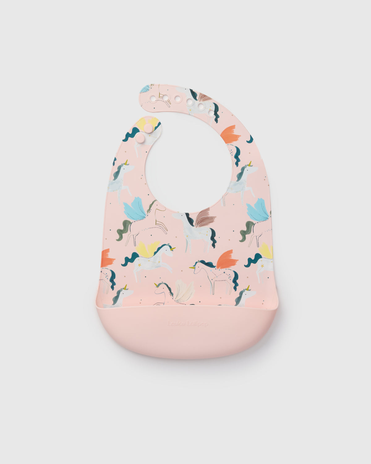 Loulou Lollipop FDA-compliant food-grade silicone baby bib in Unicorn Ballet — front view on white background
