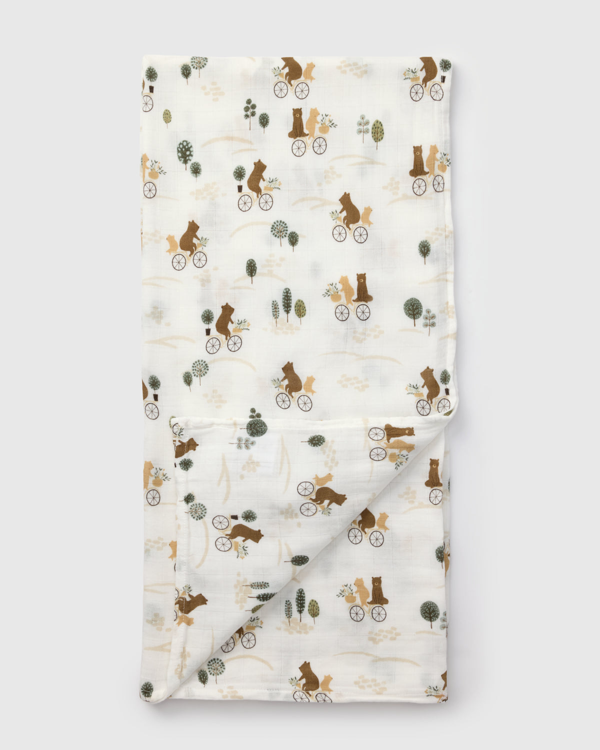 Loulou Lollipop bamboo cotton muslin swaddle blanket in Bears on Bikes — front view on white background