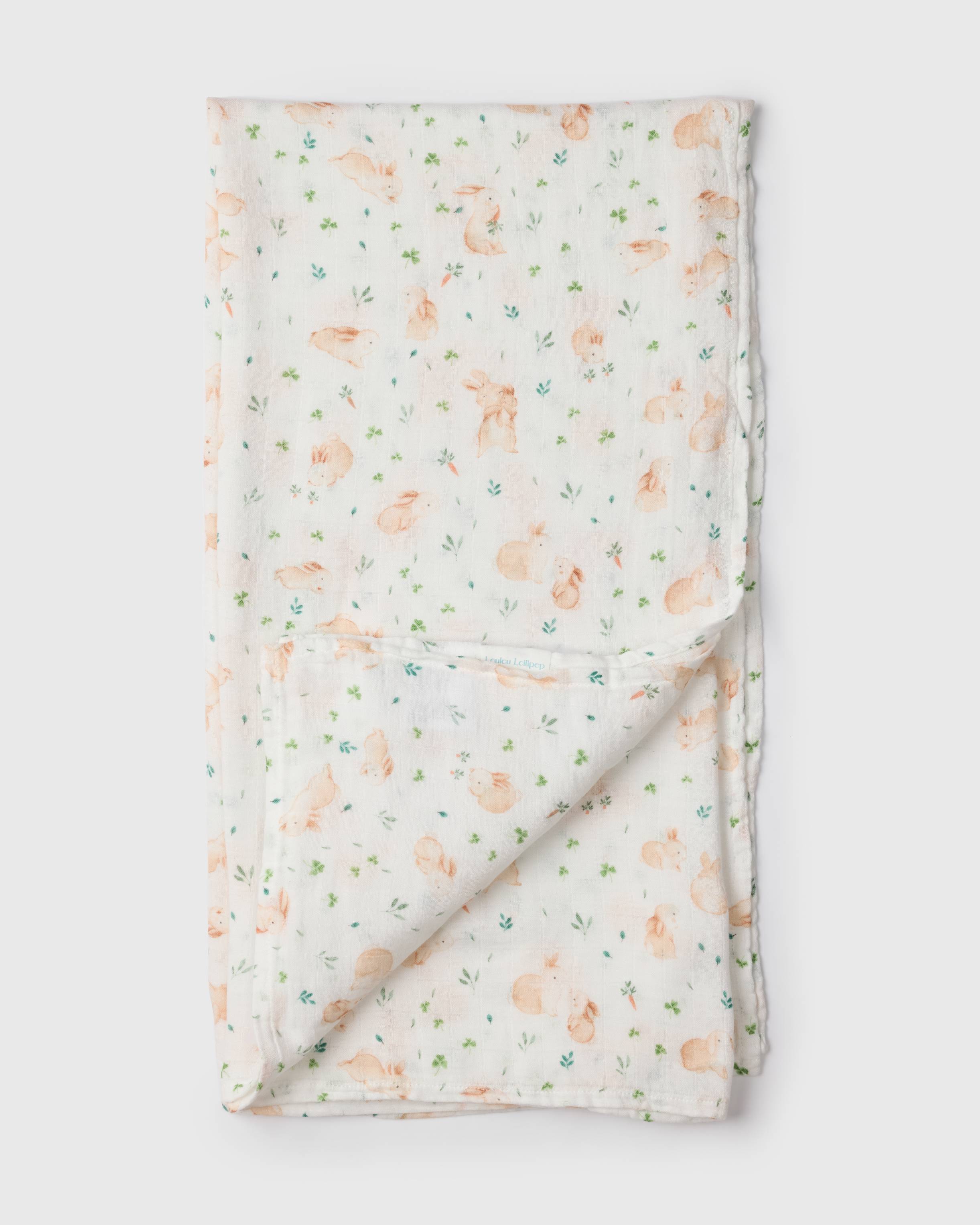 Loulou Lollipop bamboo cotton muslin swaddle blanket in Bunny Meadow — front view on white background