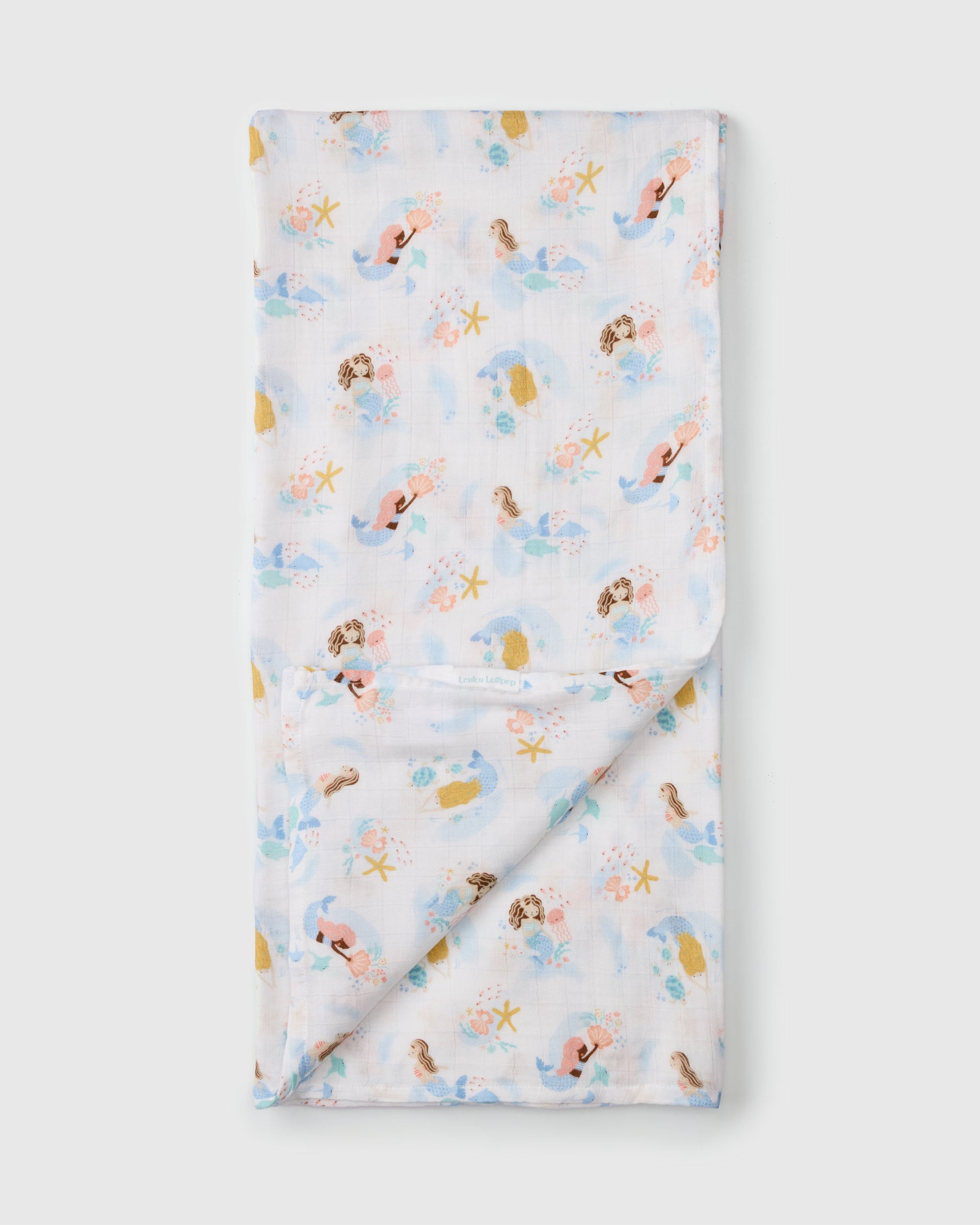 Loulou Lollipop bamboo cotton muslin swaddle blanket in Mermaids — front view on white background
