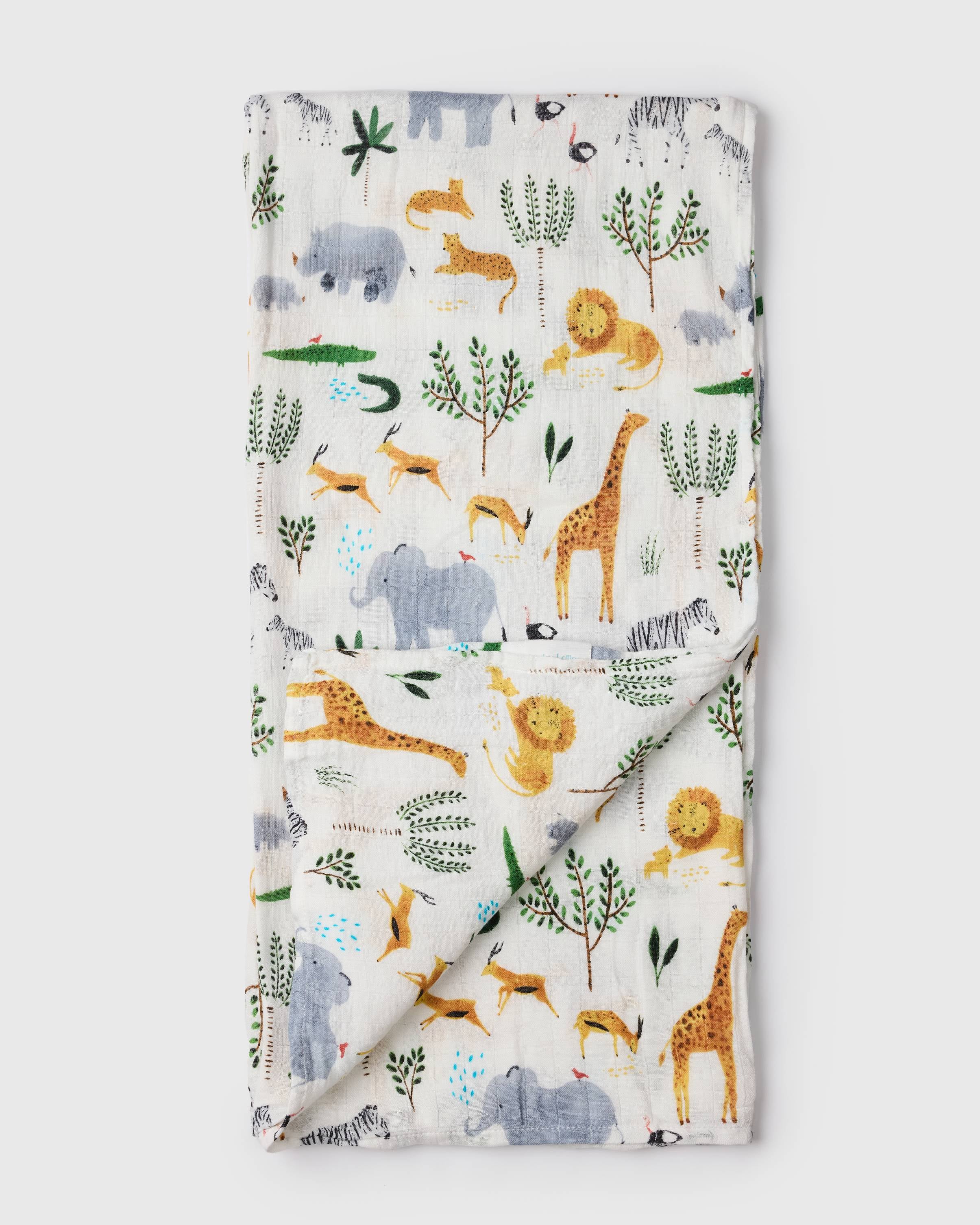 Loulou Lollipop bamboo cotton muslin swaddle blanket in Safari Jungle — front view on white background