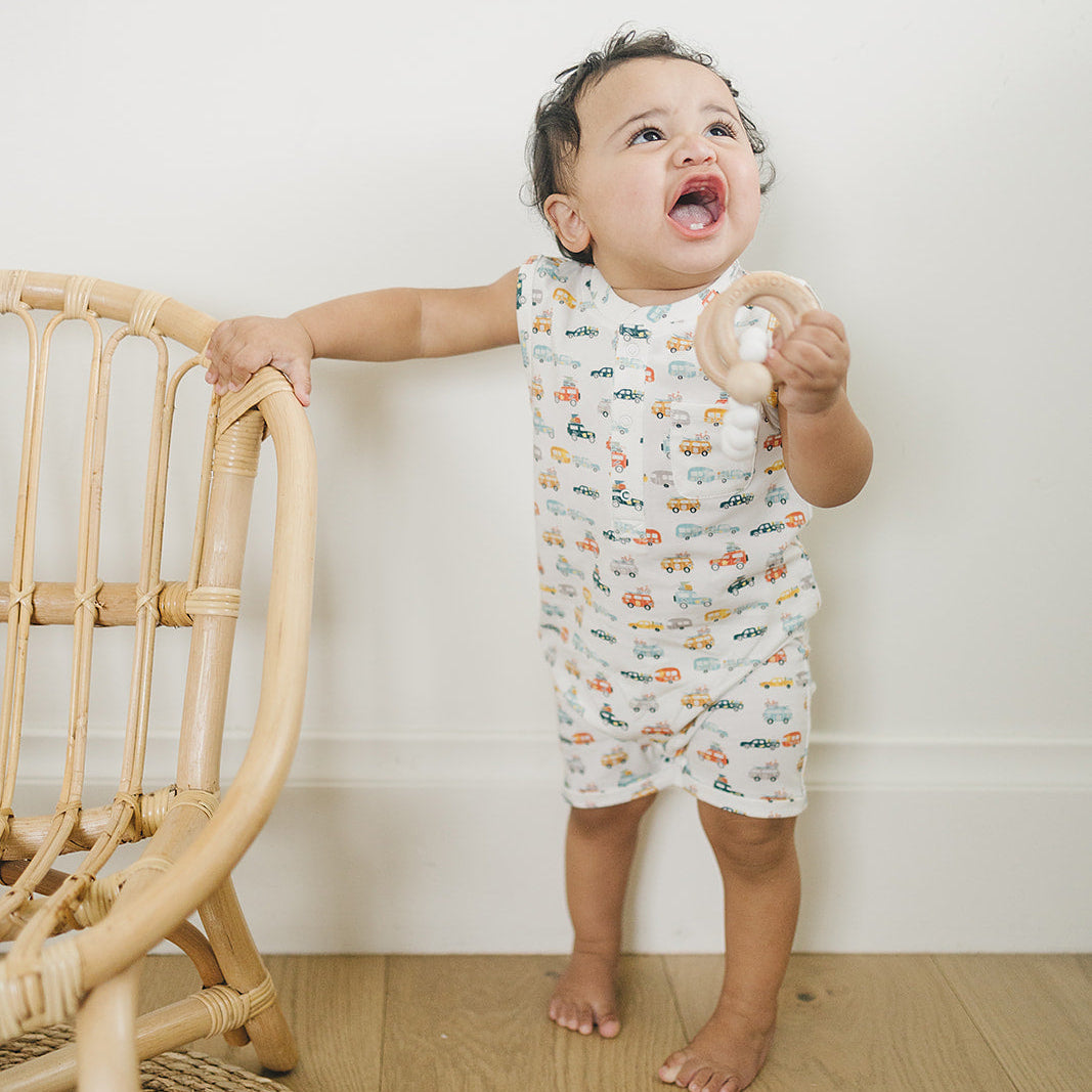 Loulou Lollipop Short Romper in Camper Vans — front view on white background