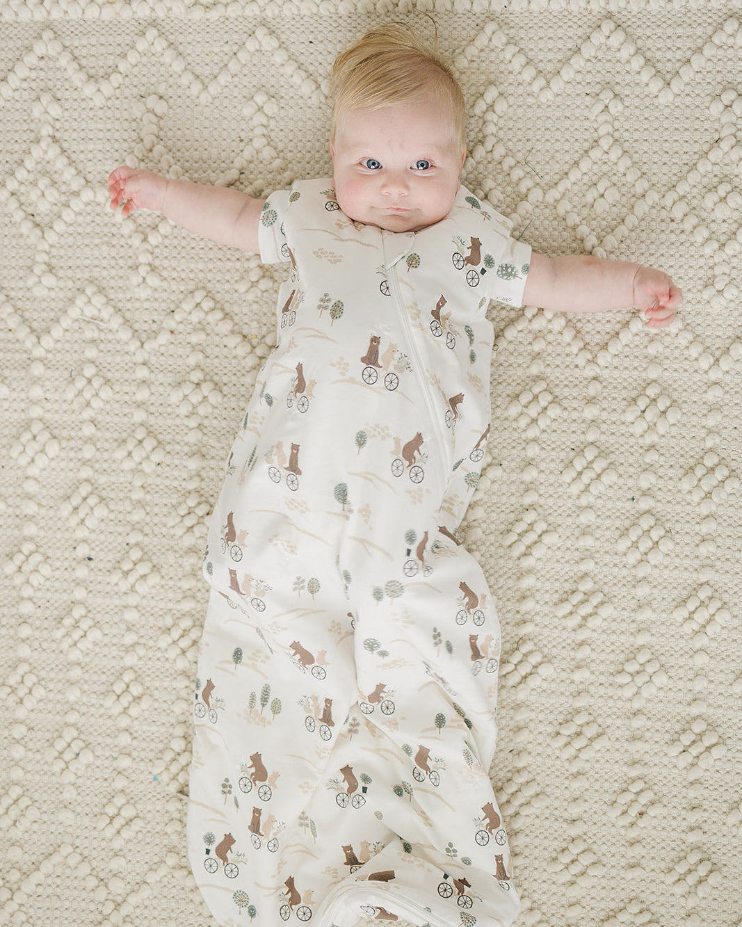 Loulou Lollipop TENCEL 1.0 TOG baby sleep bag in Bears on Bikes — front view on white background