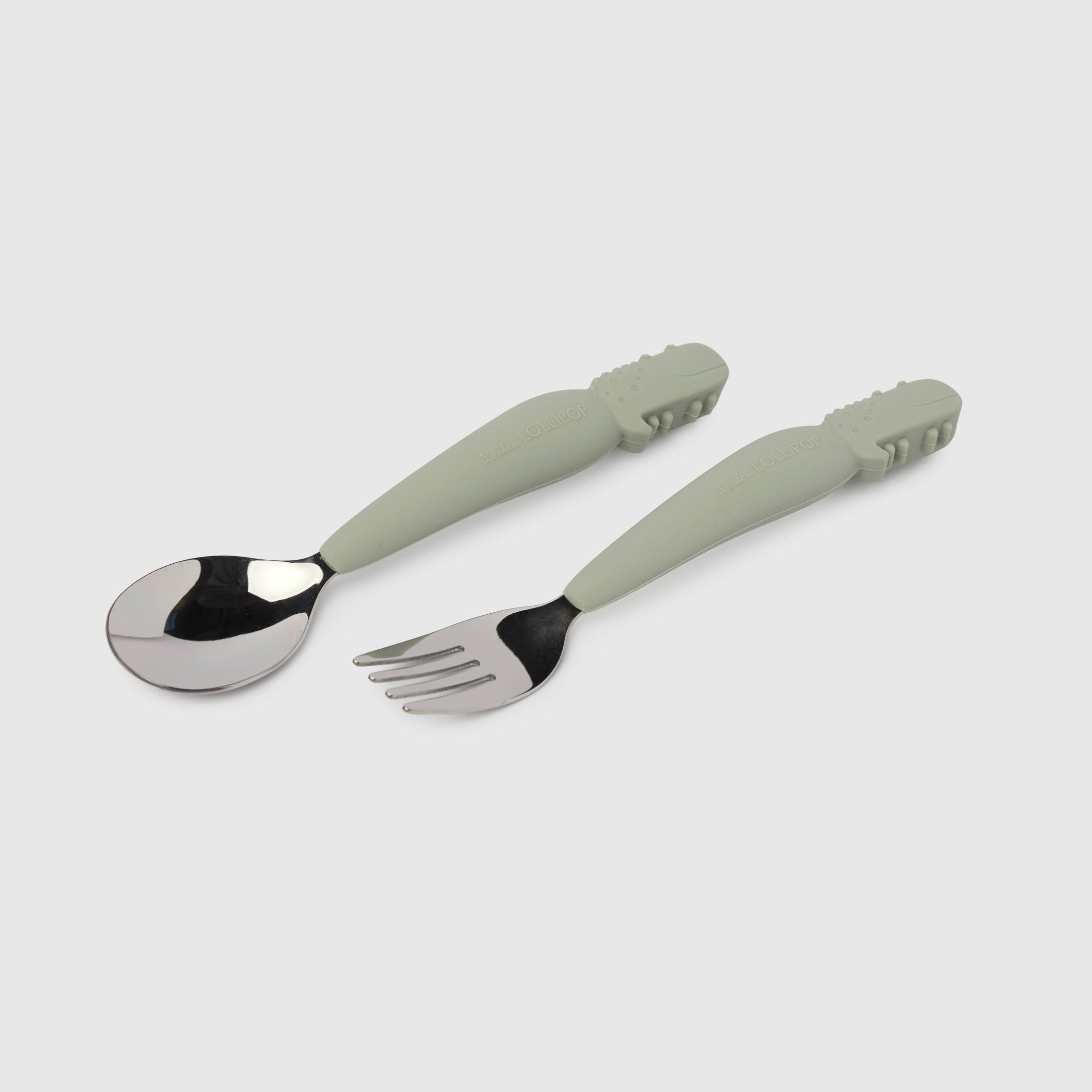 Loulou Lollipop Kids Utensils Set in Alligator — front view on white background