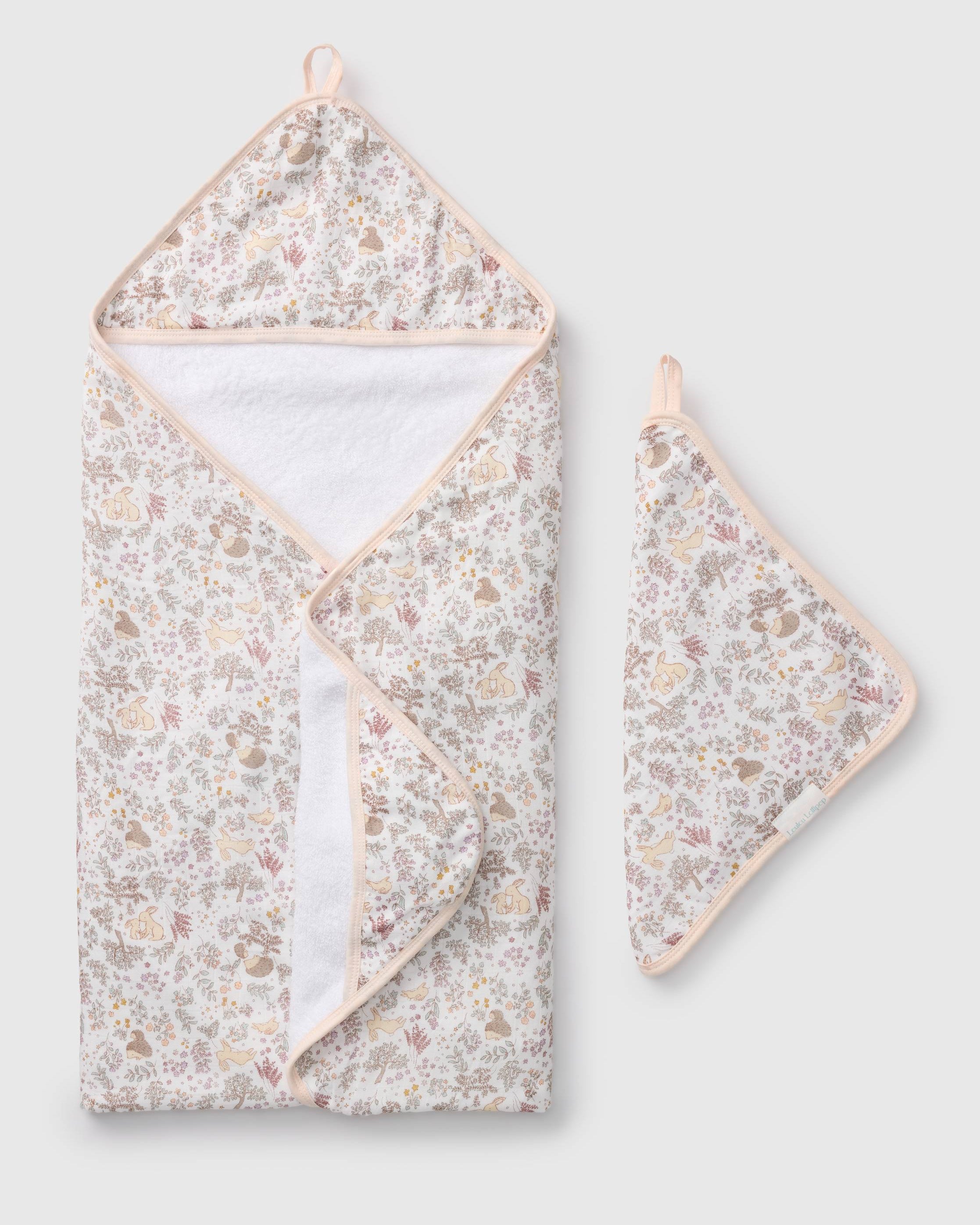 Loulou Lollipop hooded baby towel set in Hedgehog Forest — front view on white background
