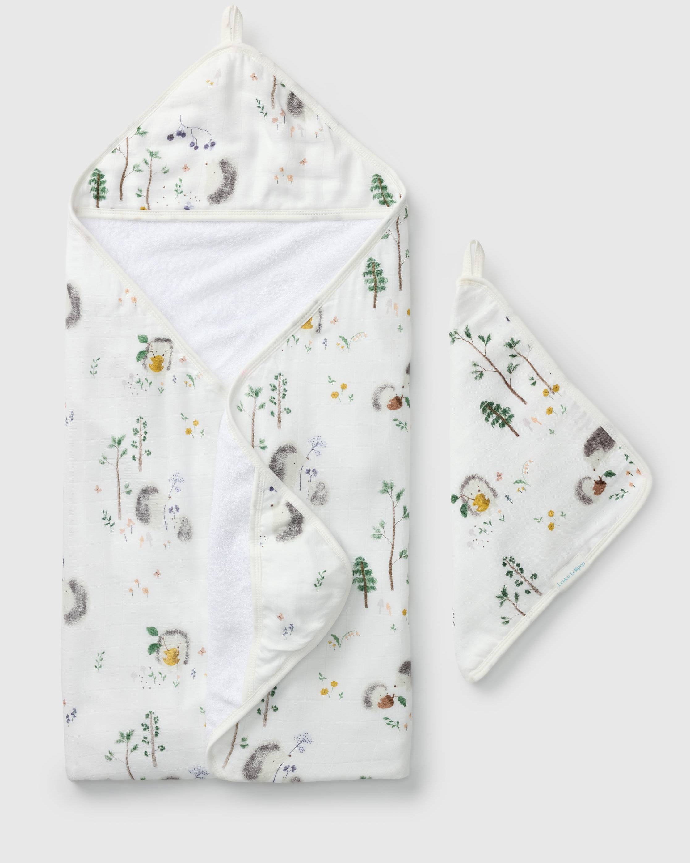 Loulou Lollipop hooded baby towel set in Hedgehogs — front view on white background