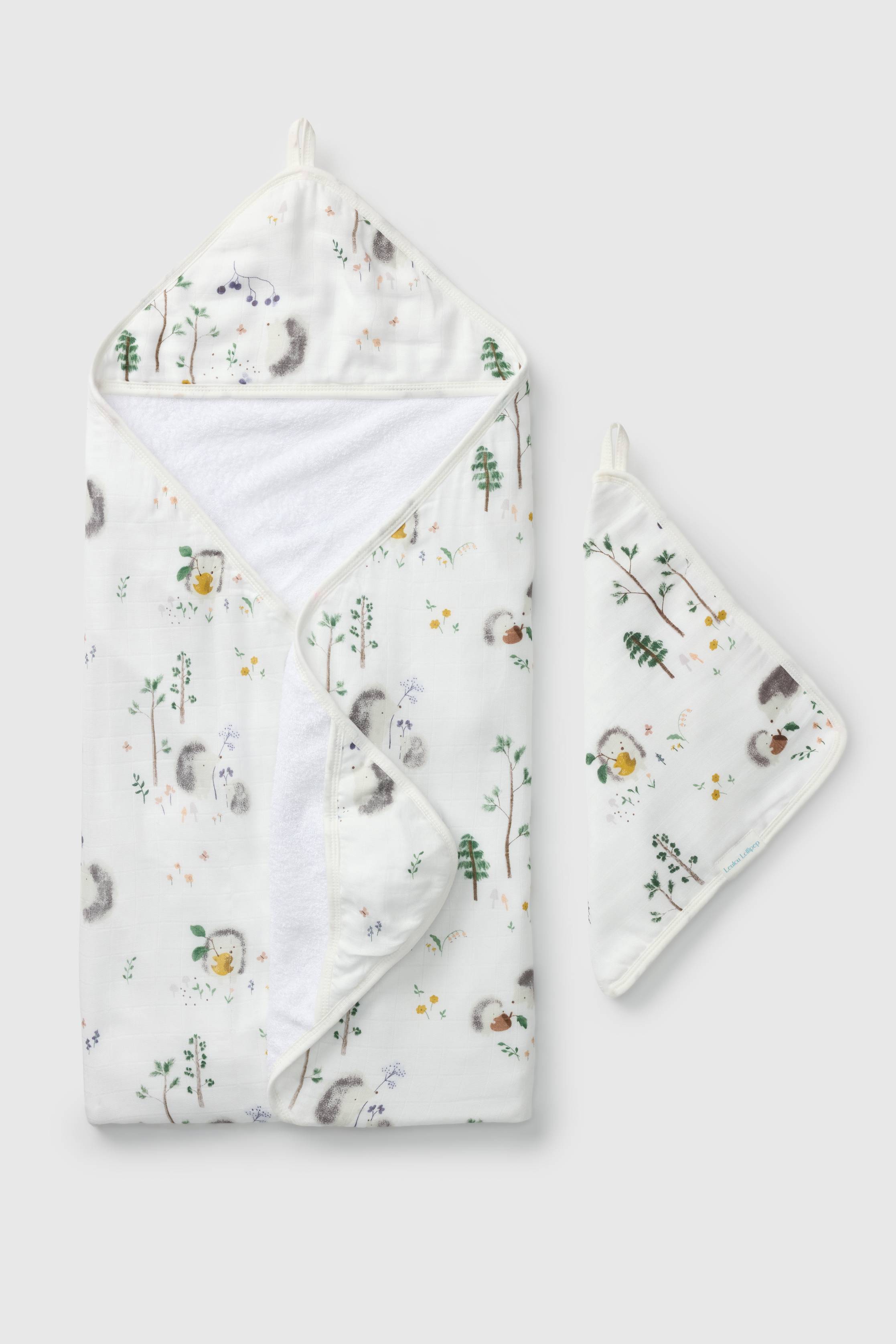 Loulou Lollipop hooded baby towel set in Hedgehogs — front view on white background