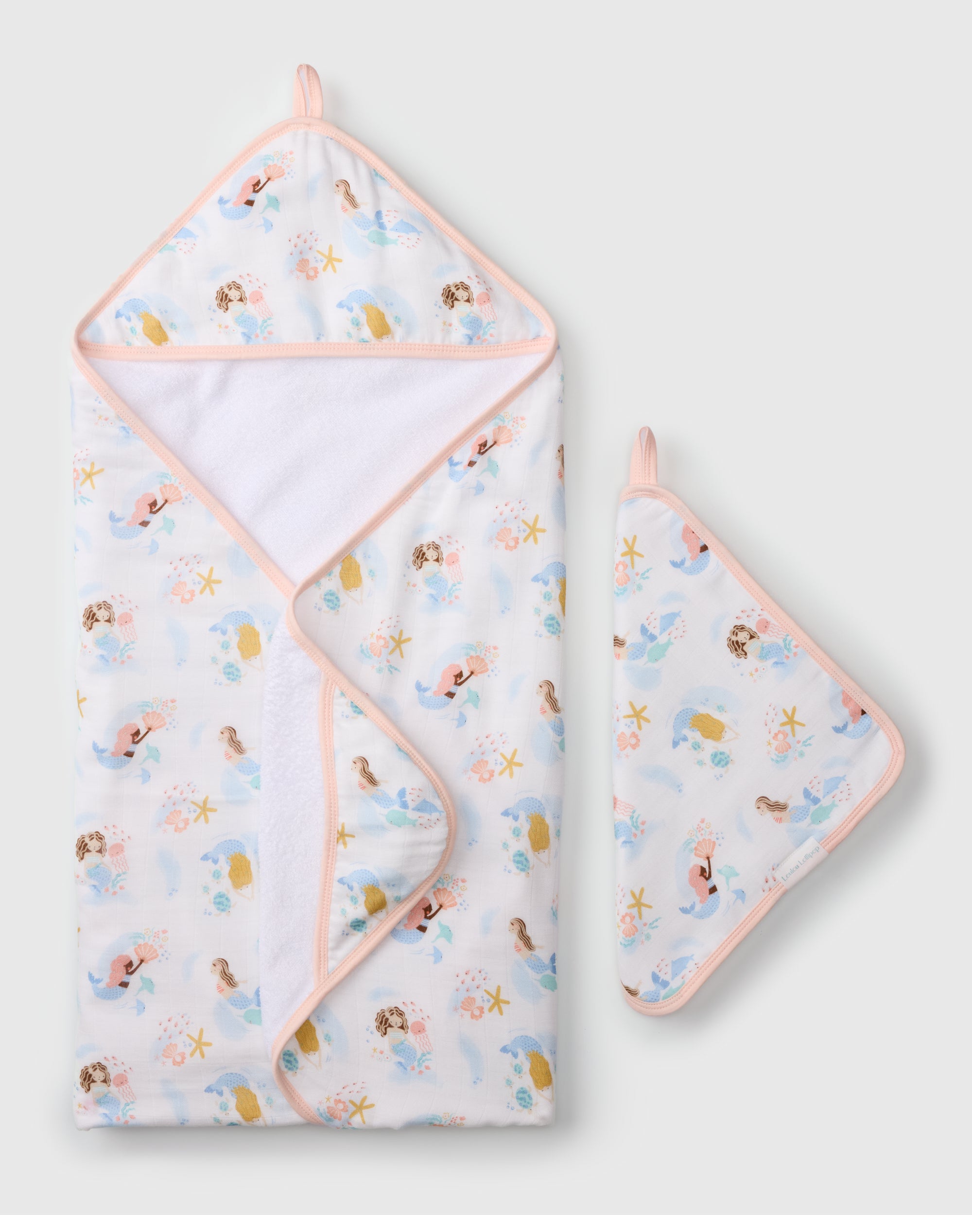 Loulou Lollipop hooded baby towel set in Mermaids — front view on white background