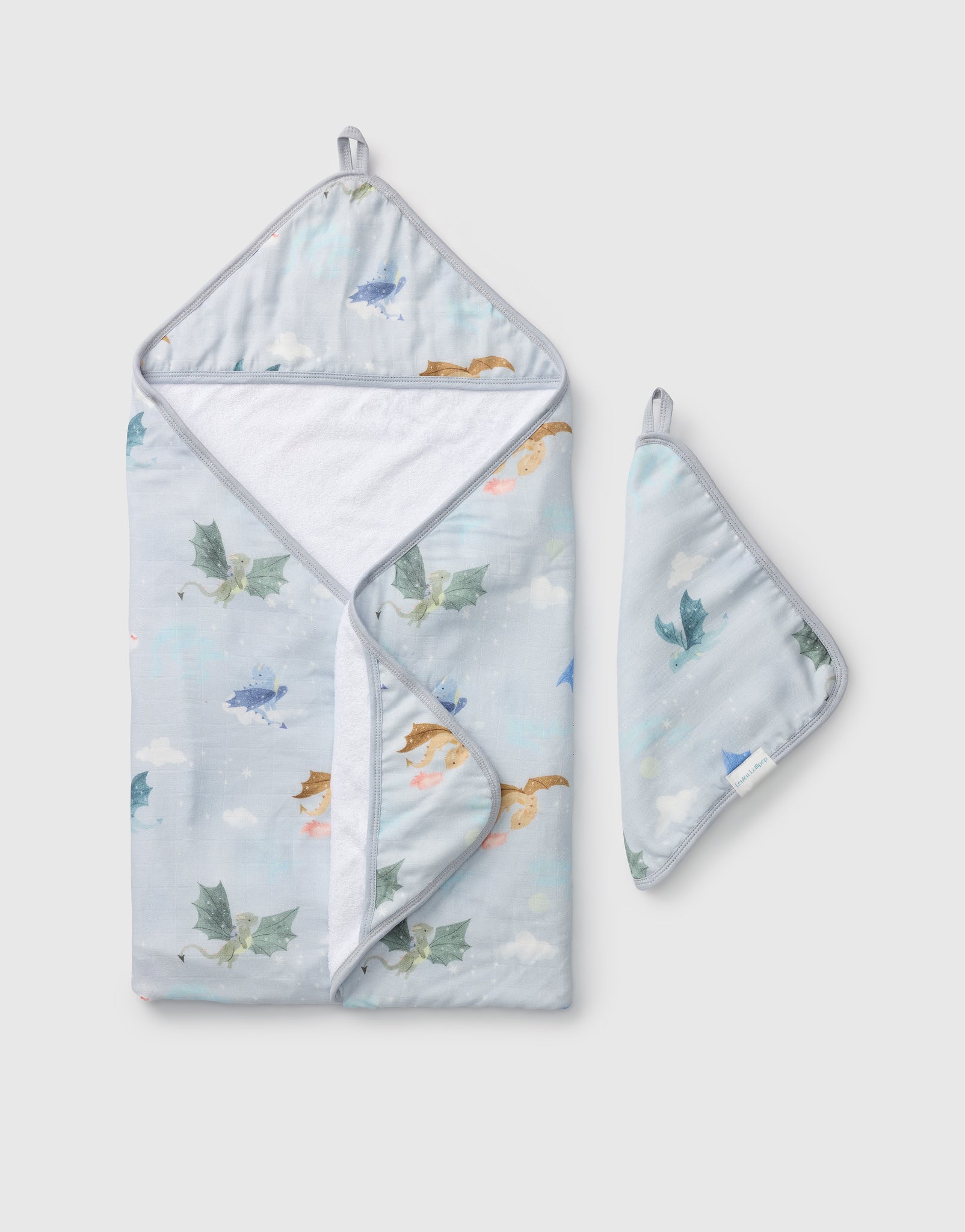 Loulou Lollipop hooded baby towel set in Magical Dragons — front view on white background